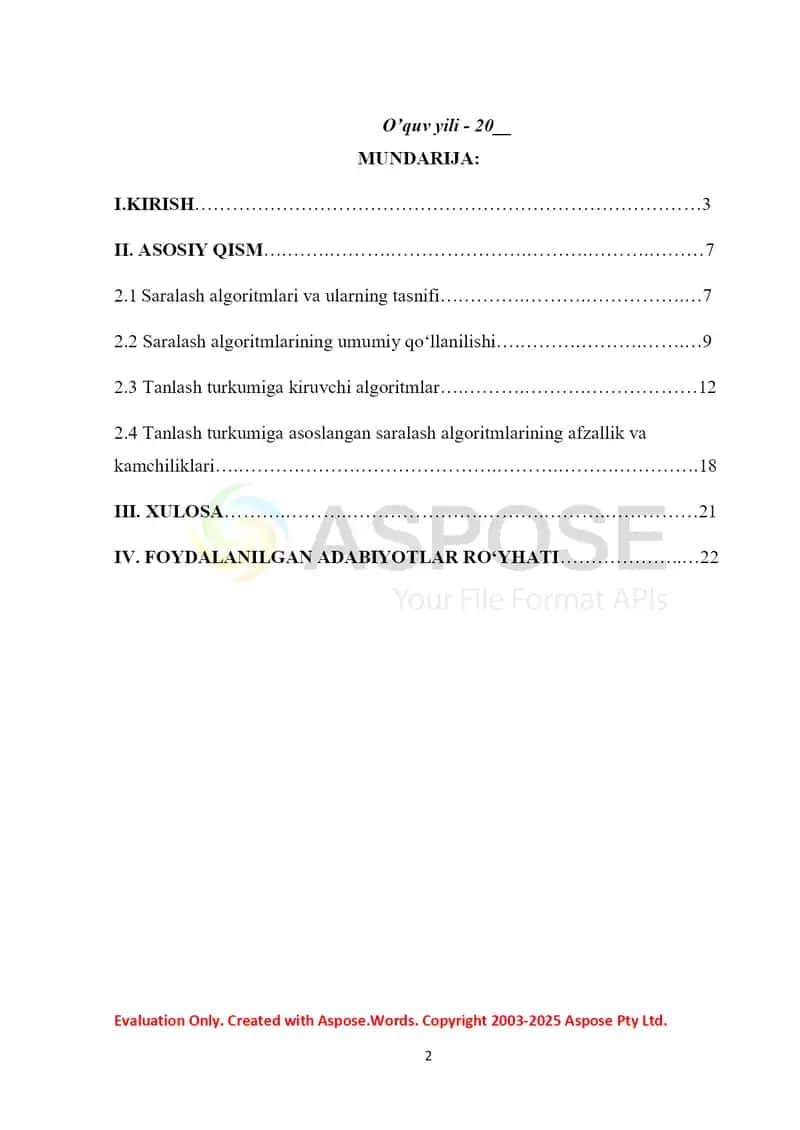 Tanlash turkumidagi murakkablikka ega saralash algoritmlari kurs ishi 2