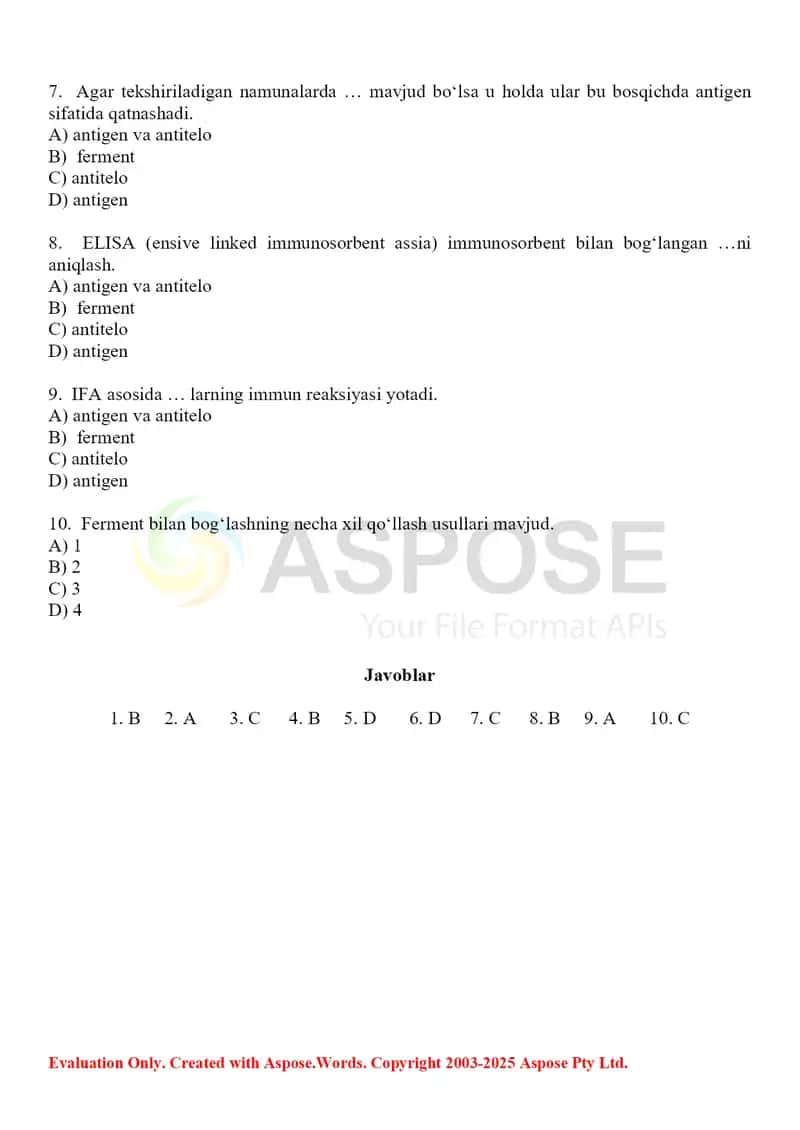 15. Kimyo-toksikologik tahlillarda immunoferment tahlil usullarini qo'llash. Test, 10 ta. 2