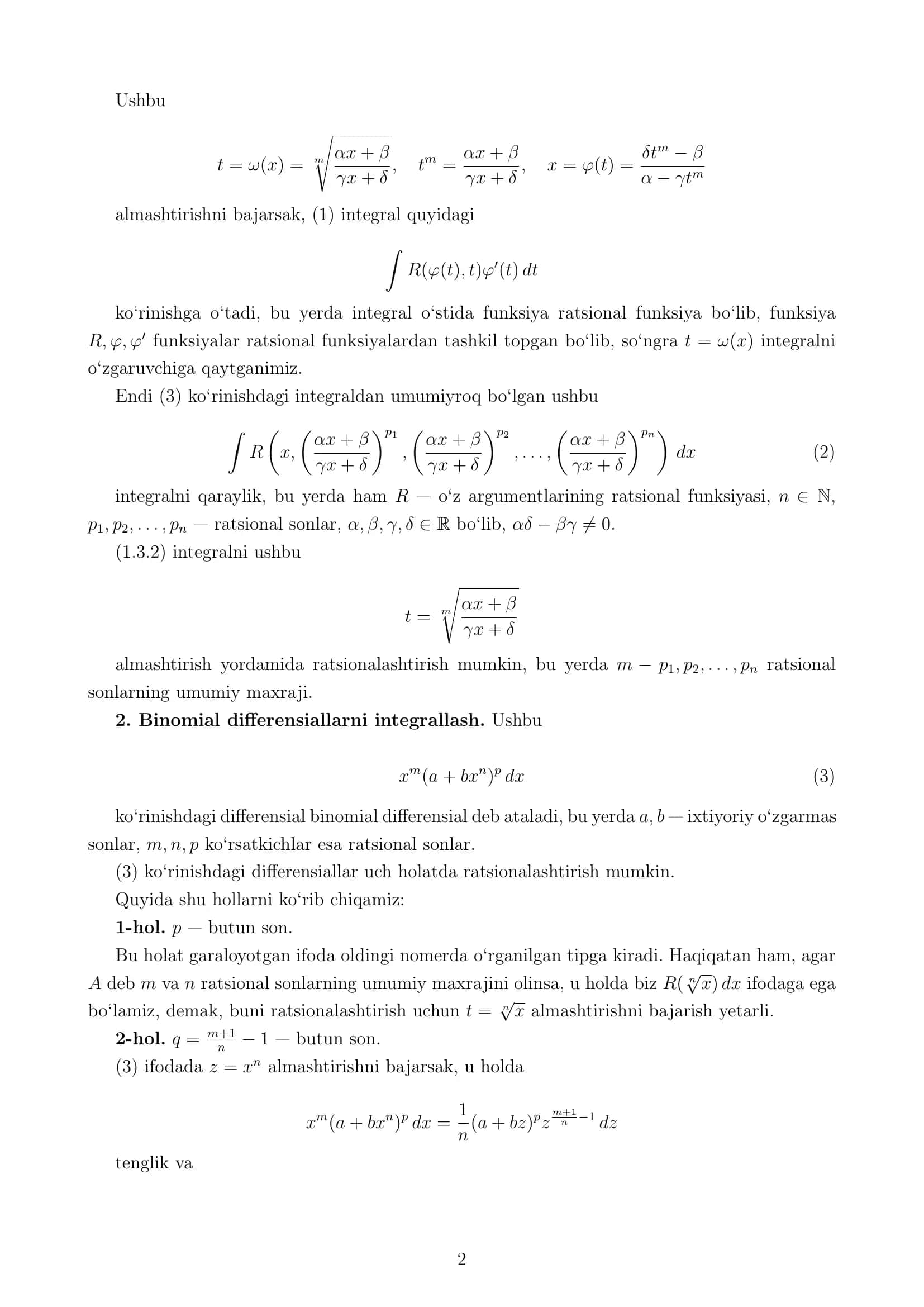 Irratsional ifodalarni inegrallashning usullari. Binomial differensialni integrallash 2
