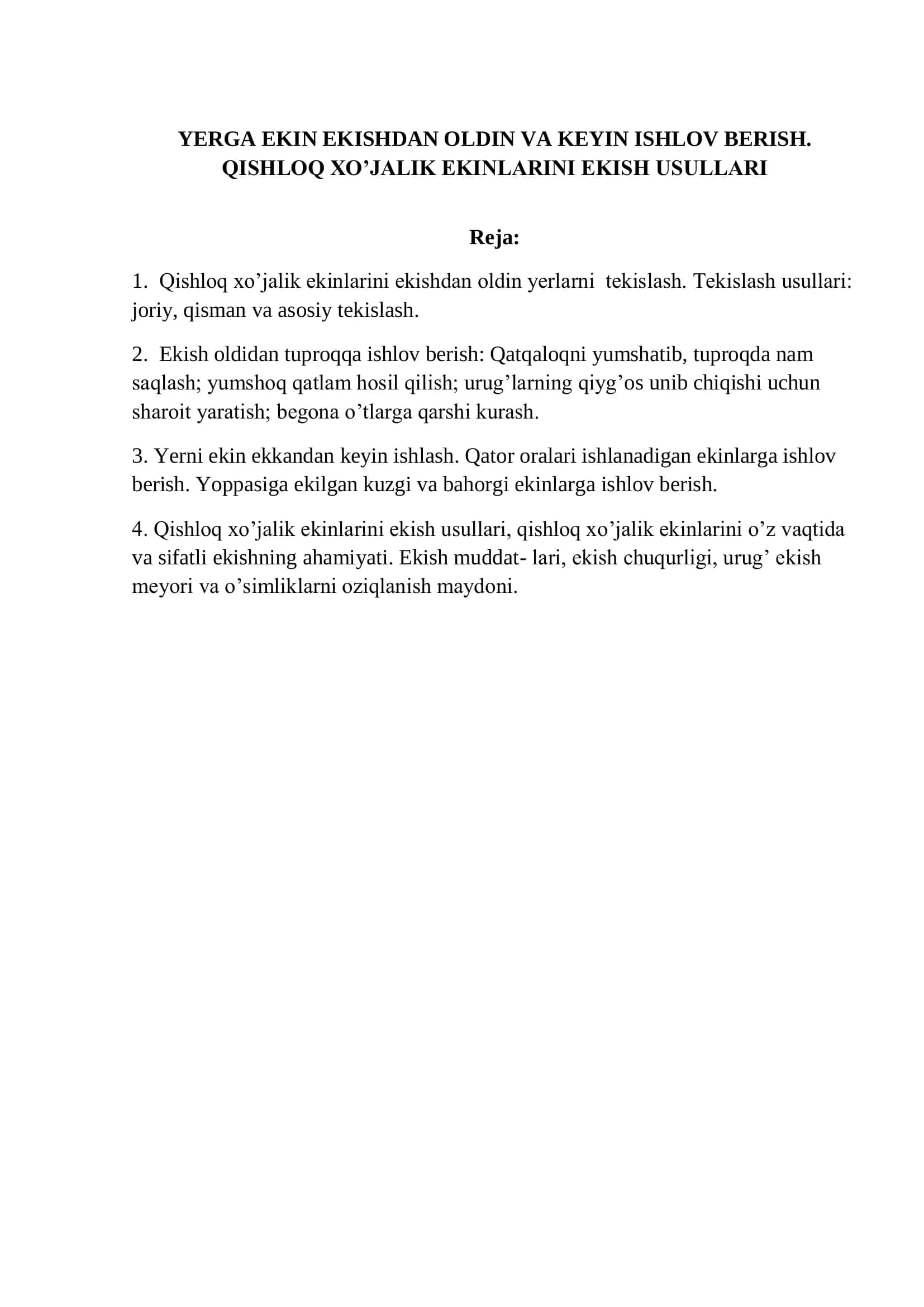YERGA EKIN EKISHDAN OLDIN VA KEYIN ISHLOV BERISH. QISHLOQ XO’JALIK EKINLARINI EKISH USULLARI 2
