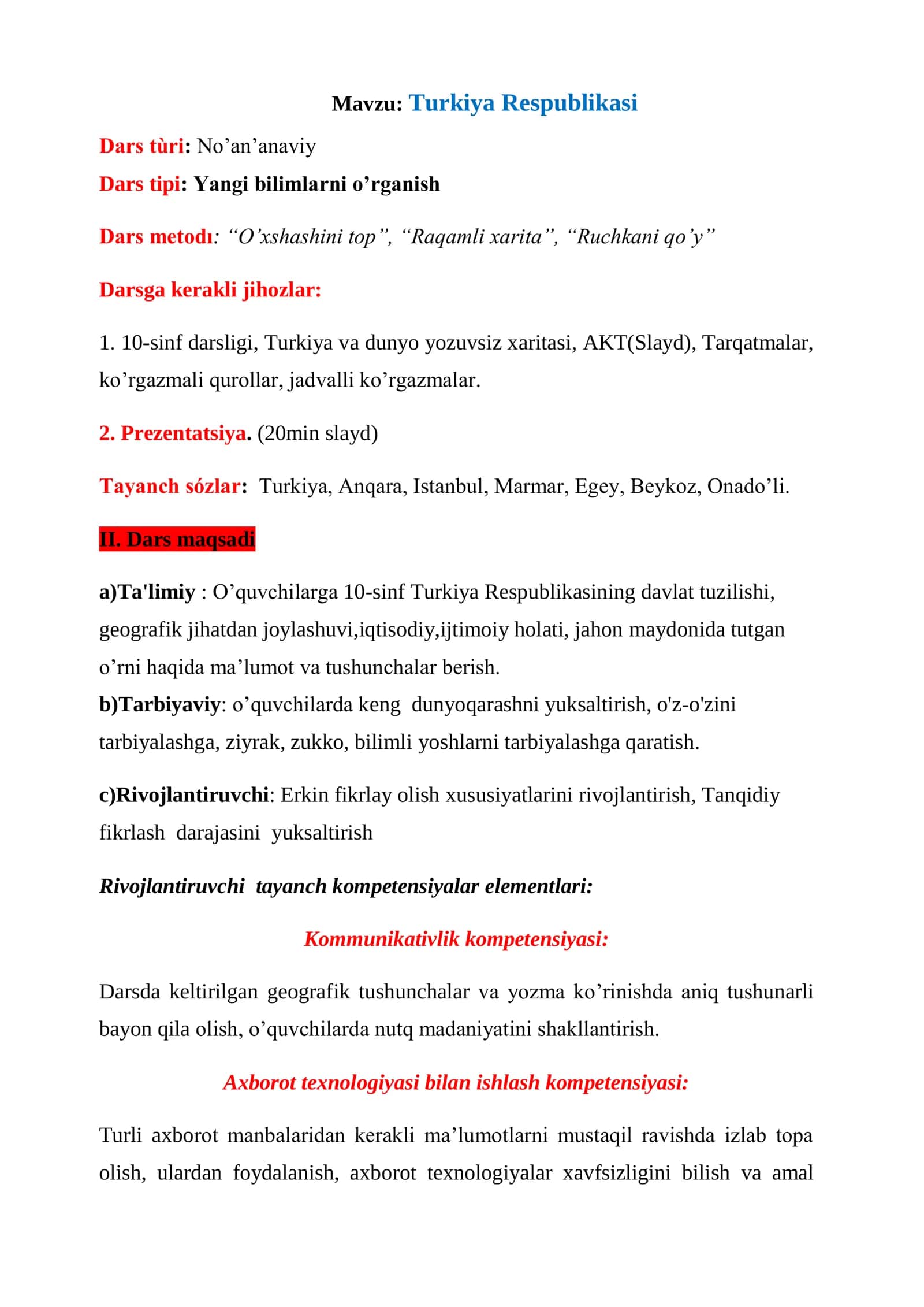 10-sinf Geografiya fanidan Turkiya Respublikasi mavzusida ochiq dars ishlanma 2