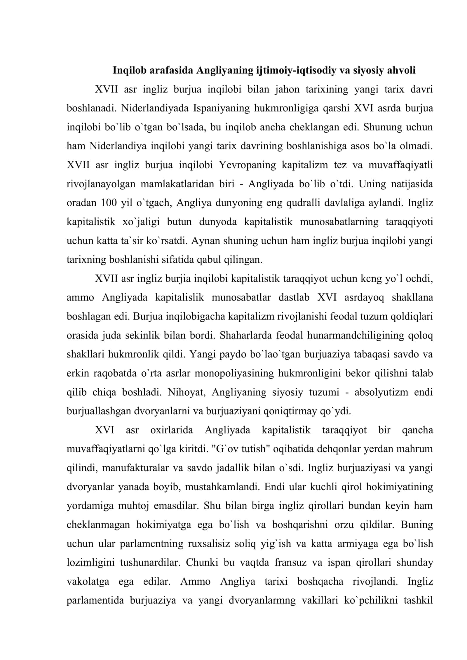 XVII asr o`rtalari va XIX asr birinchi yarmida Angliya 2