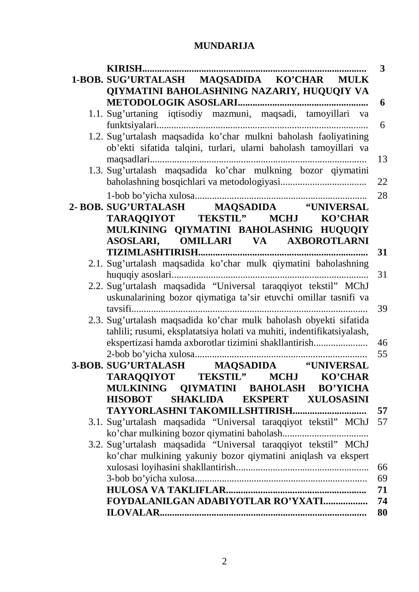 Bob. Sug’urtalash maqsadida ko’char mulk qiymatini baholashning nazariy, huquqiy va metodologik asoslari 2