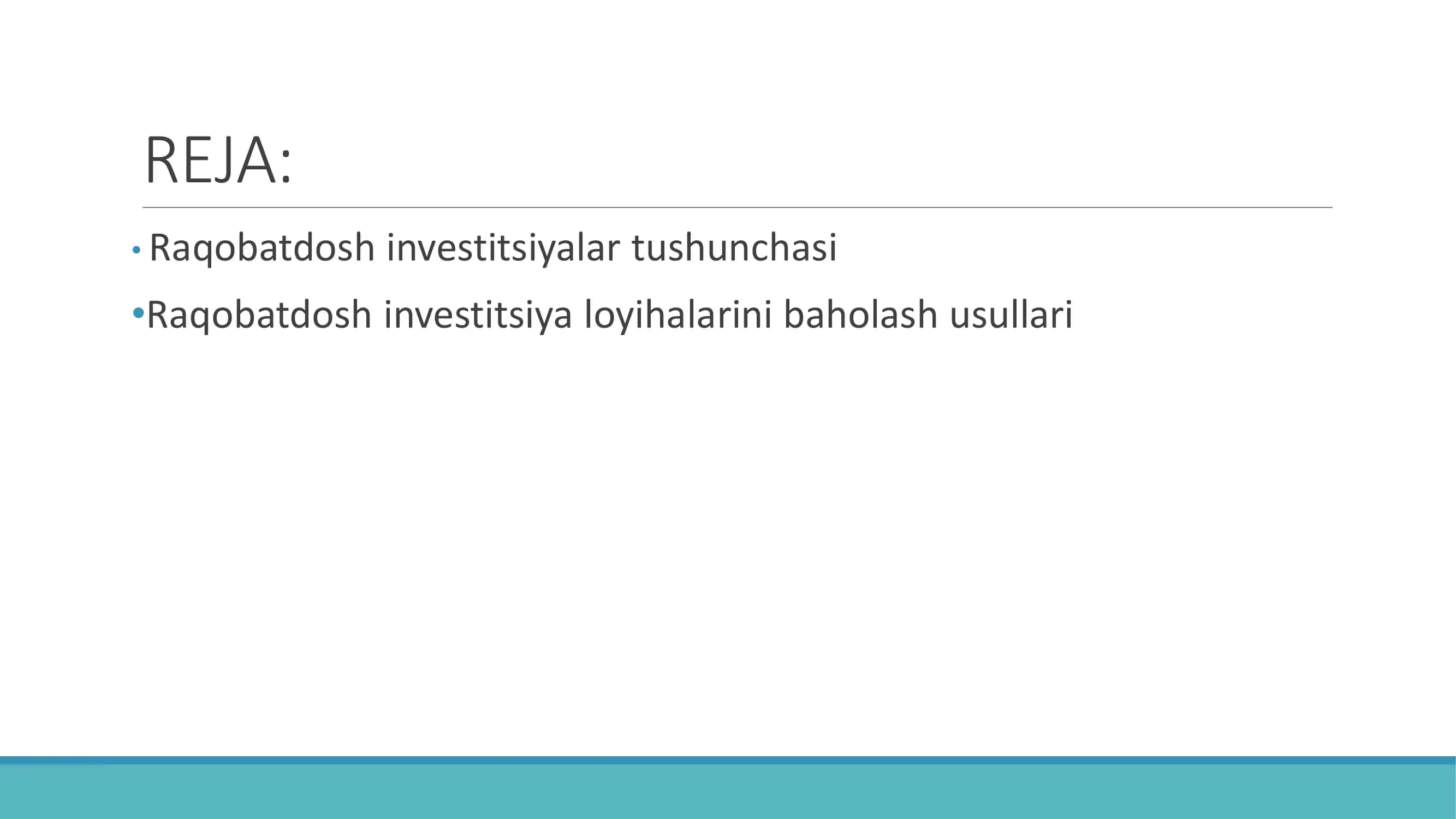 Muqobil va raqobatdosh investitsiya loyihalari tahlili 2