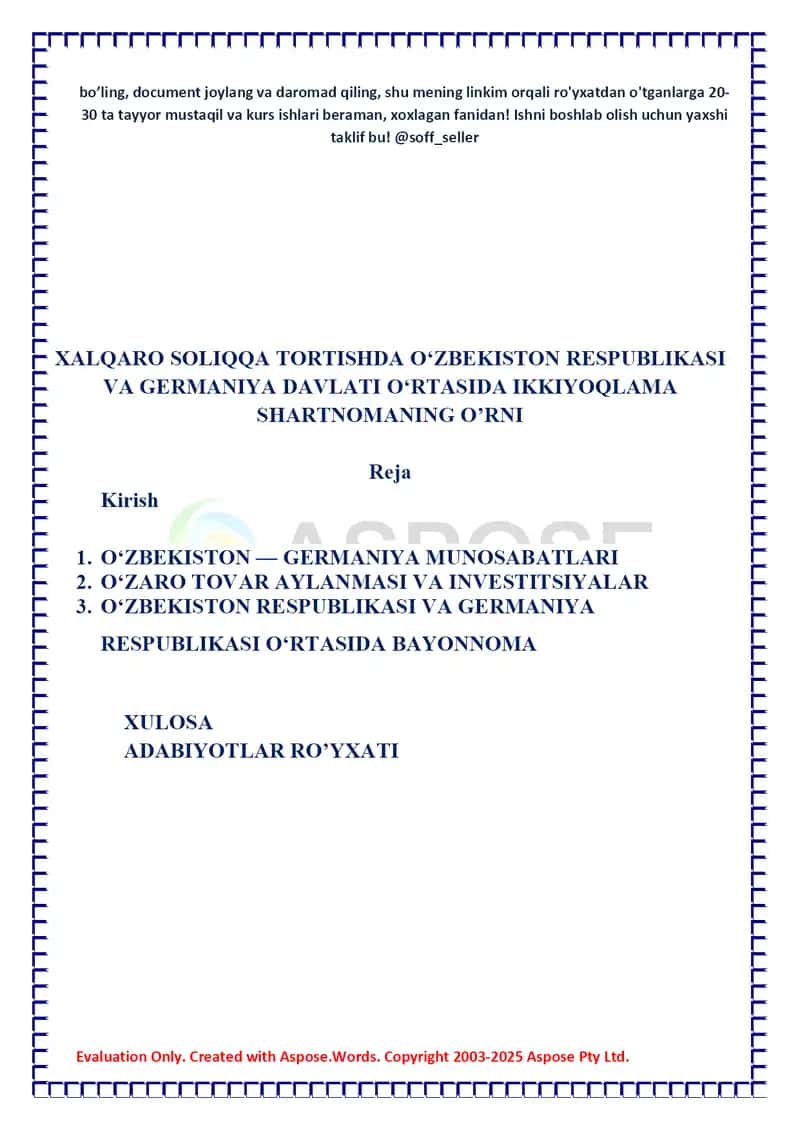 Xalqaro soliqqa tortishda O‘zbekiston Respublikasi va Germaniya davlati o‘rtasida ikkiyoqlama shartnomaning o‘rni 2