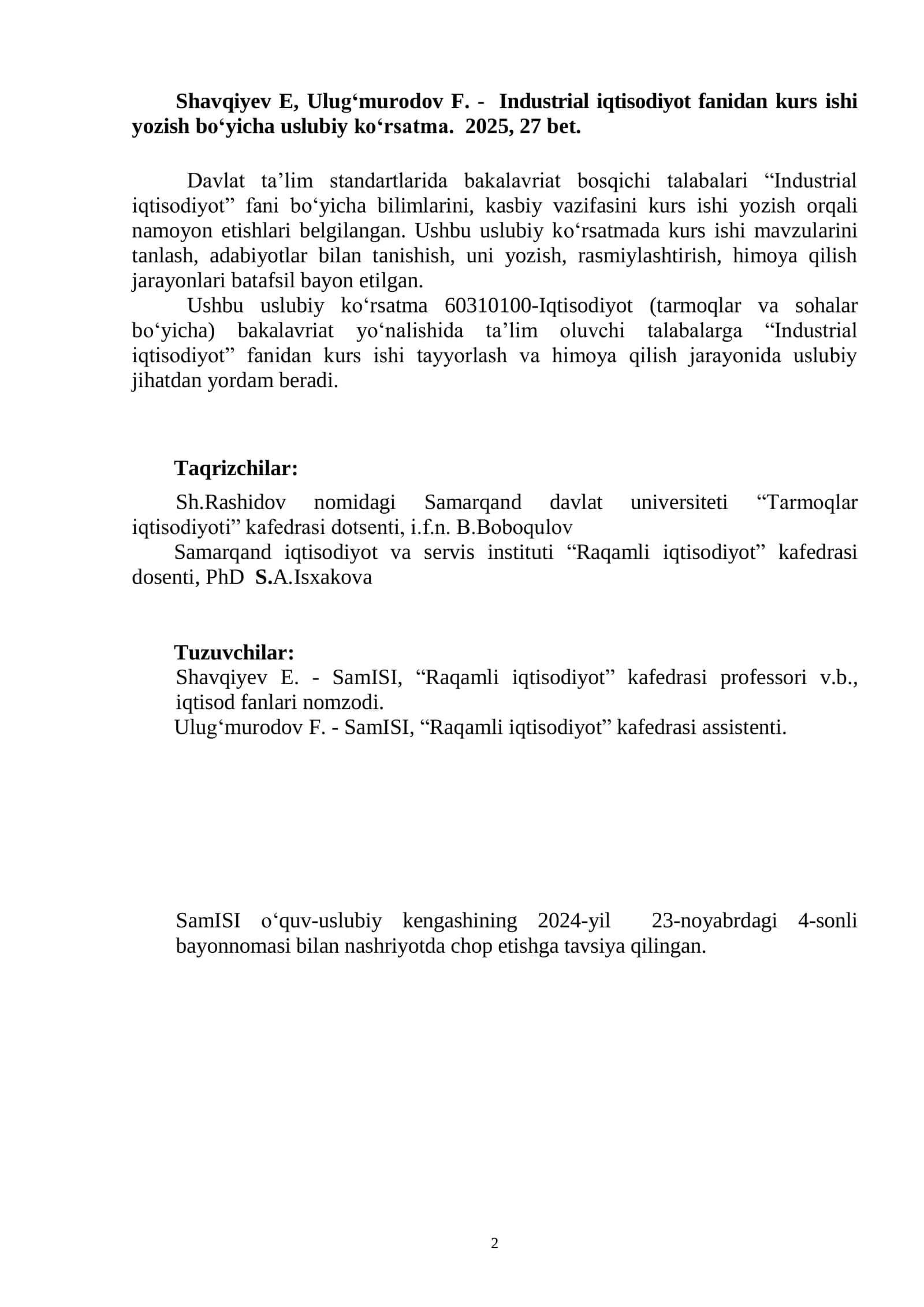 Industrial Iqtisodiyot fanidan kurs ishi yozish va baholash boy'icha uslubiy ko'rsatma 2