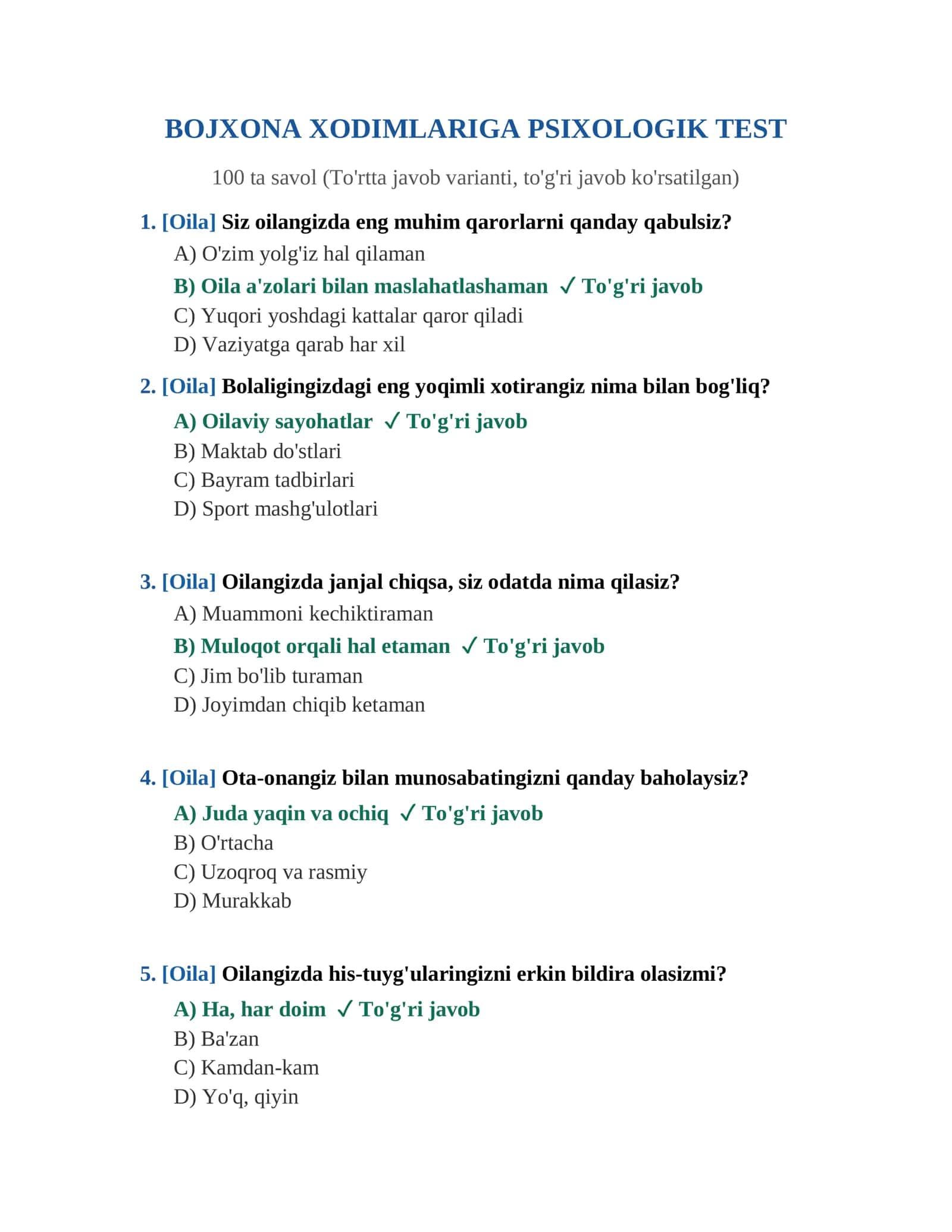 Bojxona psixologik test savollari 100 ta 2