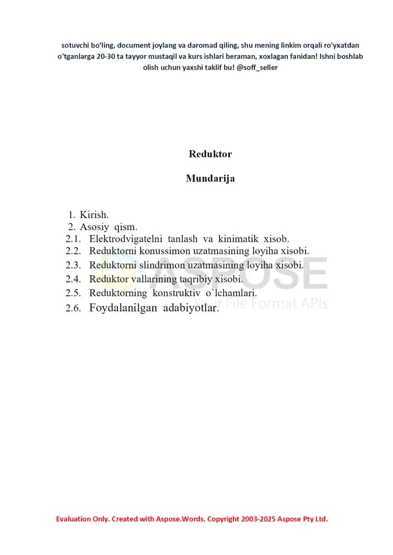 Kurs ishi “Reduktor” loyihaviy xisobi 2