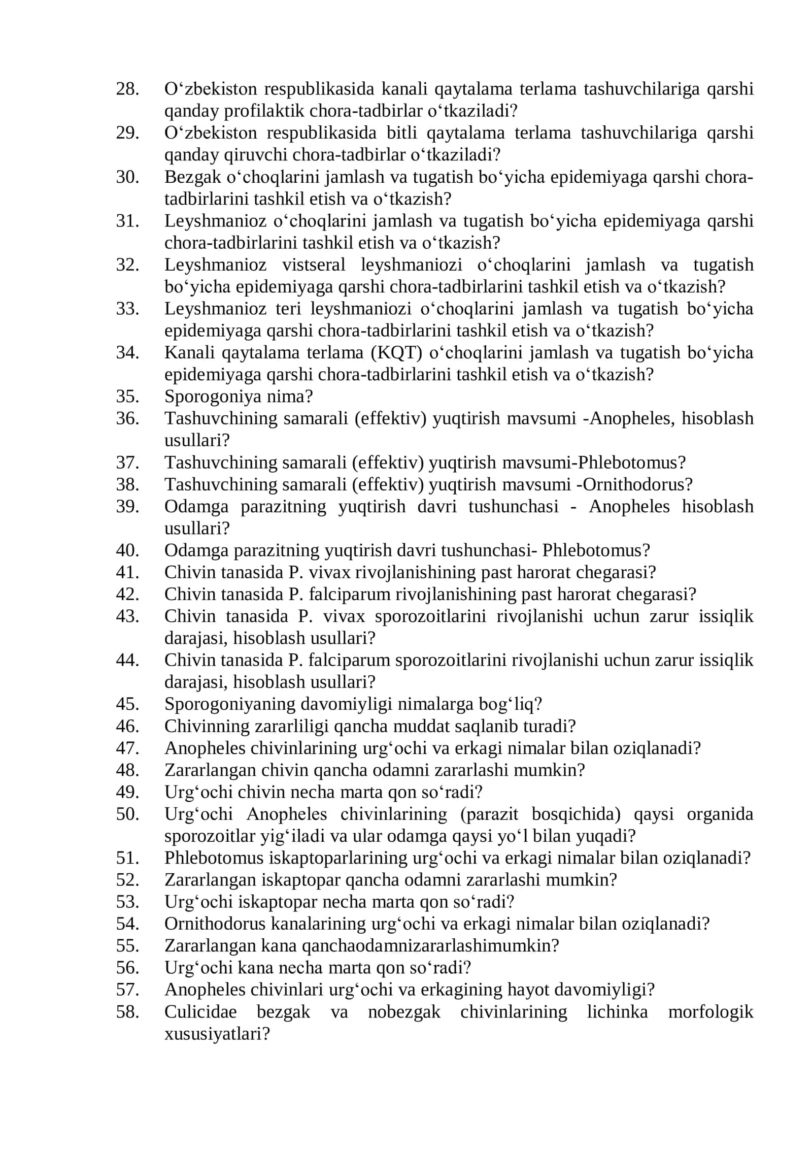 Tibbiy-profilaktika ishi (Entomolog vrach yordamchilari uchun) mutaxassisligi bo'yicha shakllantirilgan og’zaki savollar ro'yxati 2