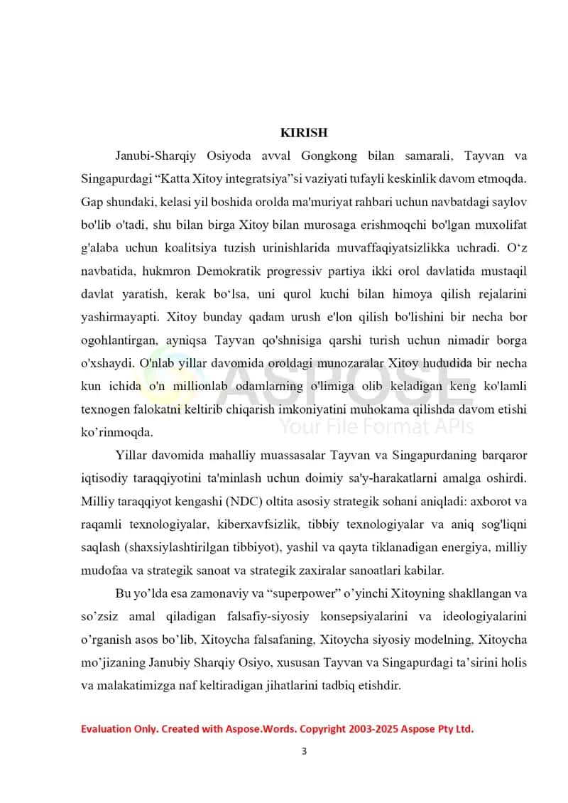 Kurs loyiha “Katta Xitoy Integratsiyasi”: Xitoy – Tayvan, Syangan, Singapur 2