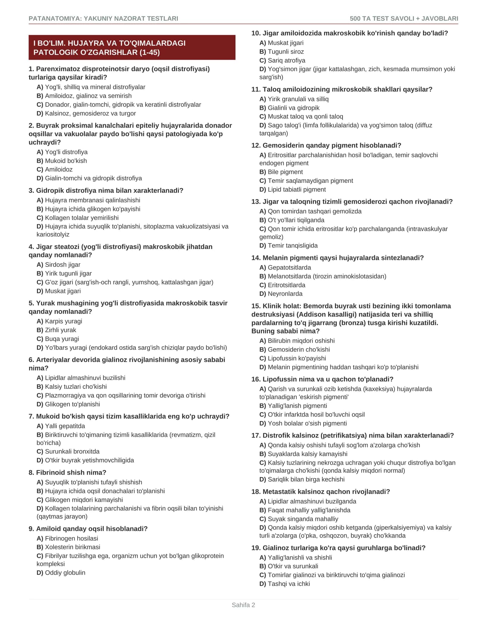 Patanatomiya — yakuniy nazorat uchun 500 ta test savoli + javoblari 2