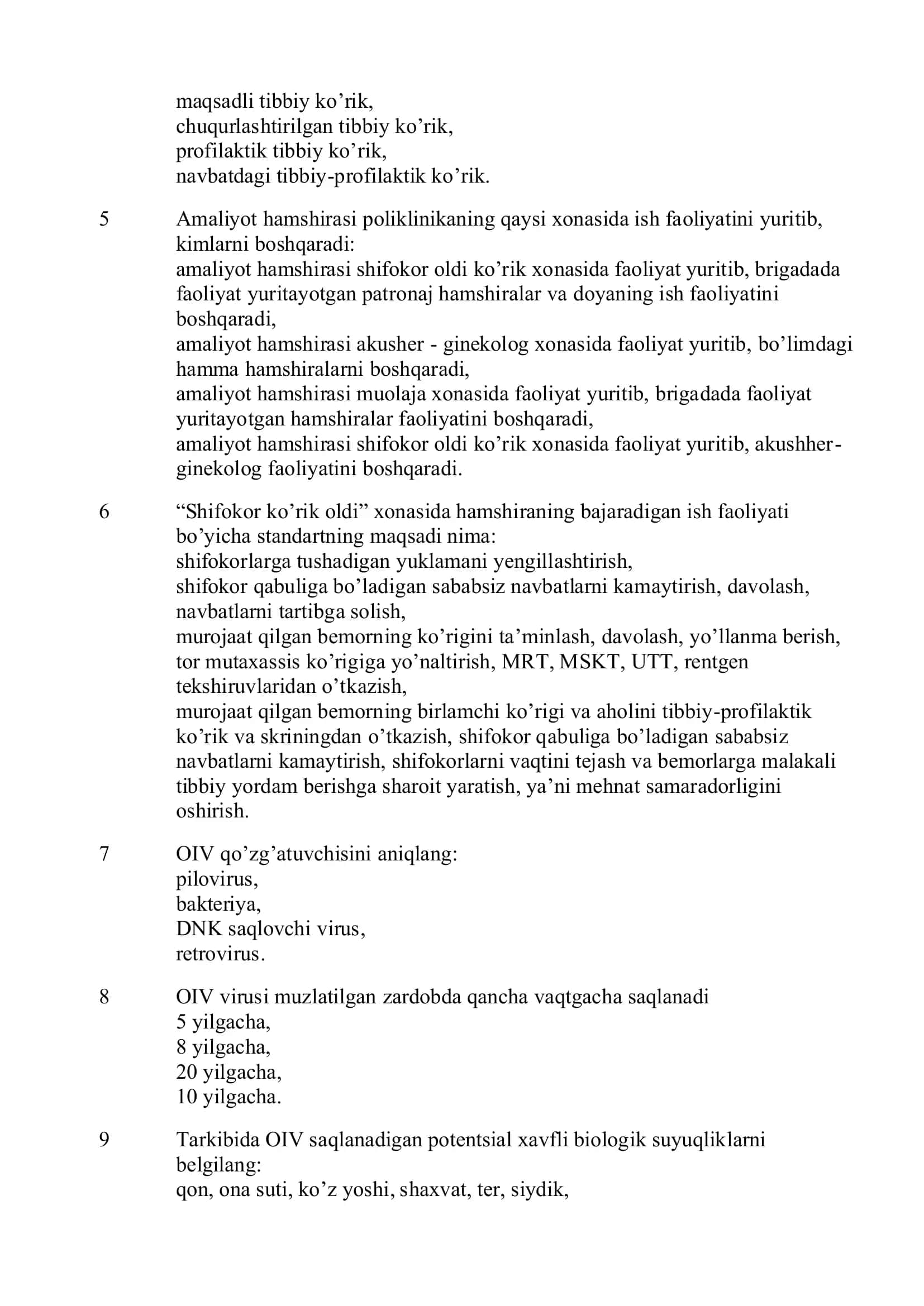Hamshiralik ishi (patronaj hamshiralari) mutaxassisligi bo’yicha shakllantirilgan test savollari ro’ 2