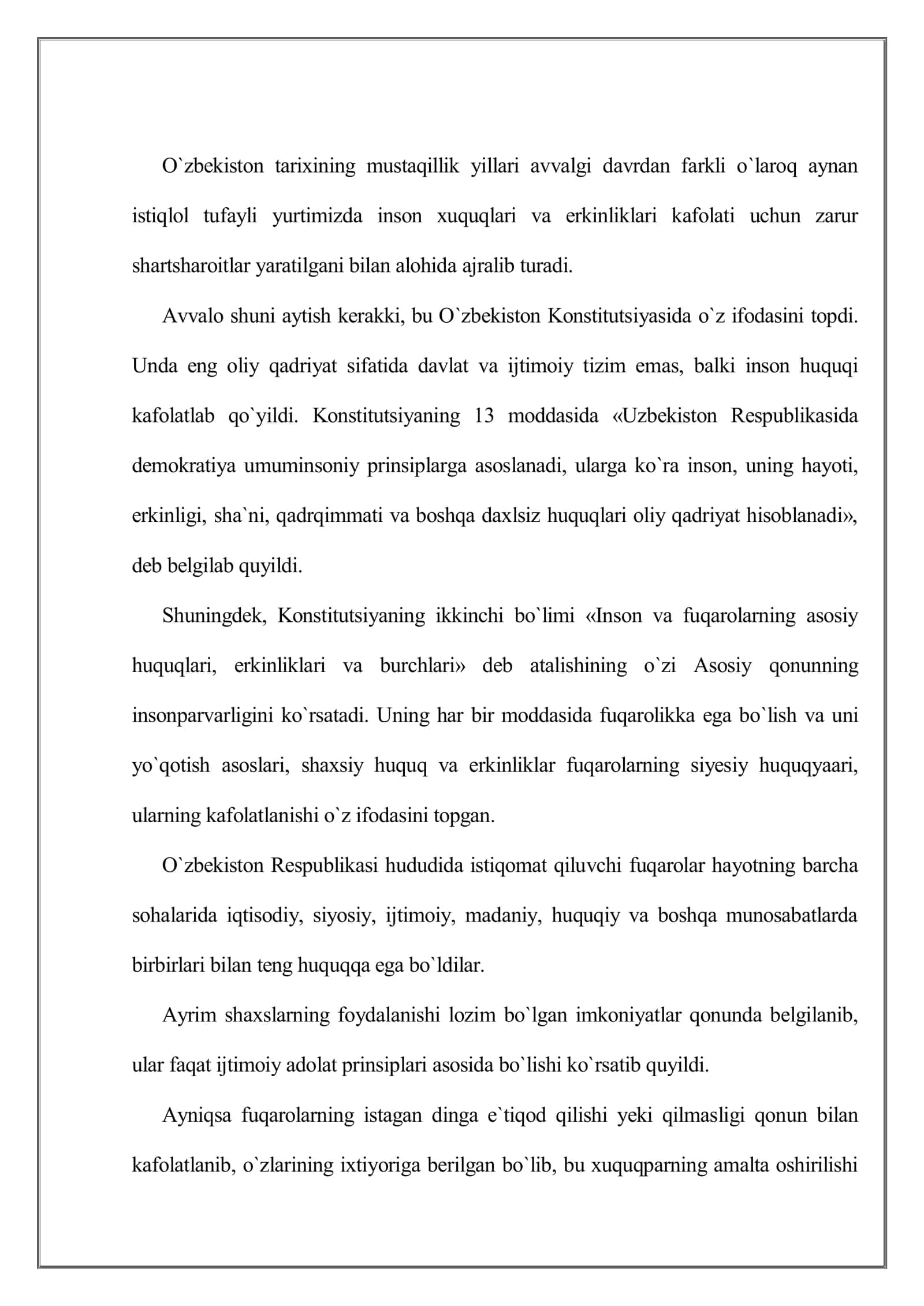 O`zbekistonda inson huquqlari va erkinliklari kafolatining yaratilishi 2