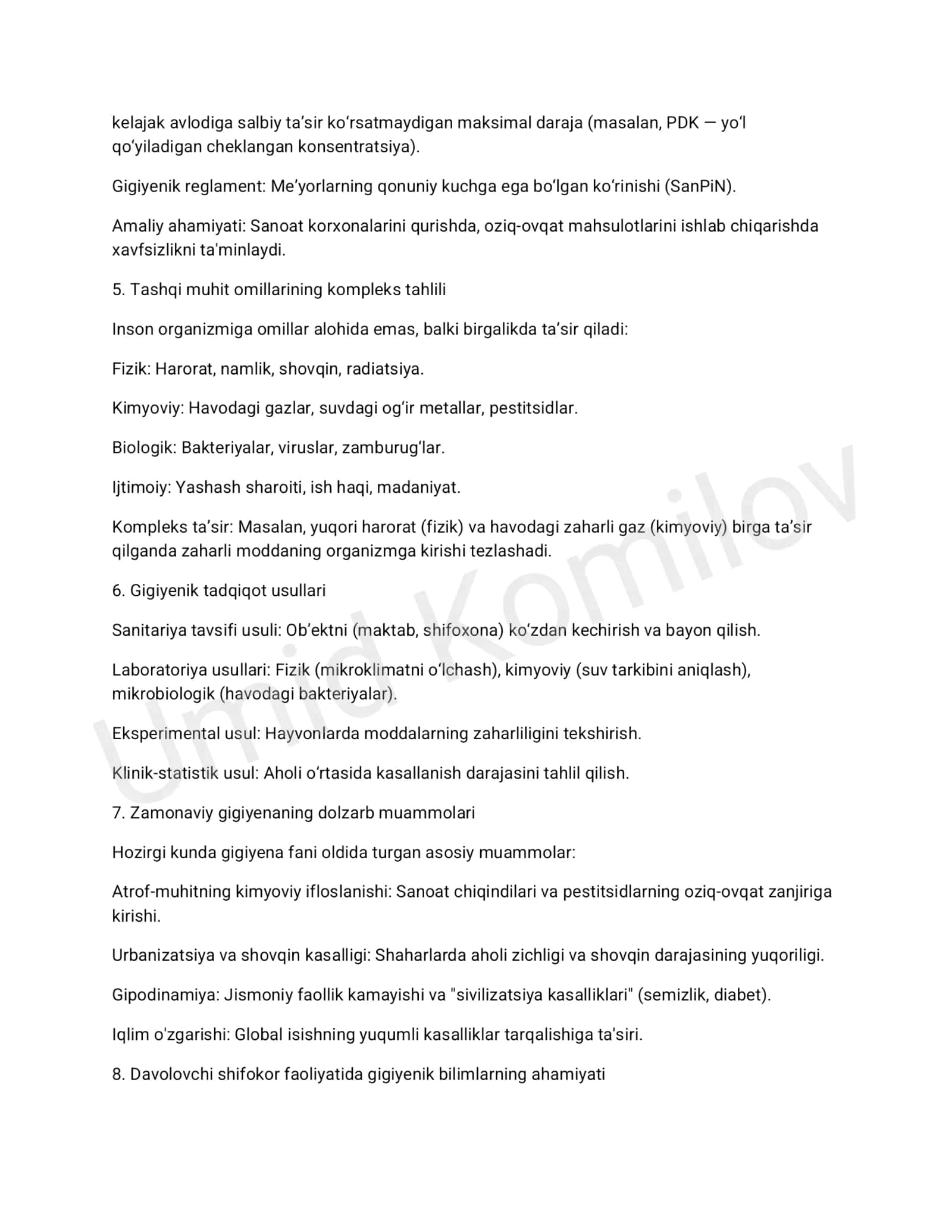 Tibbiy gigiyena oraliq nazorat savollari javoblari 2
