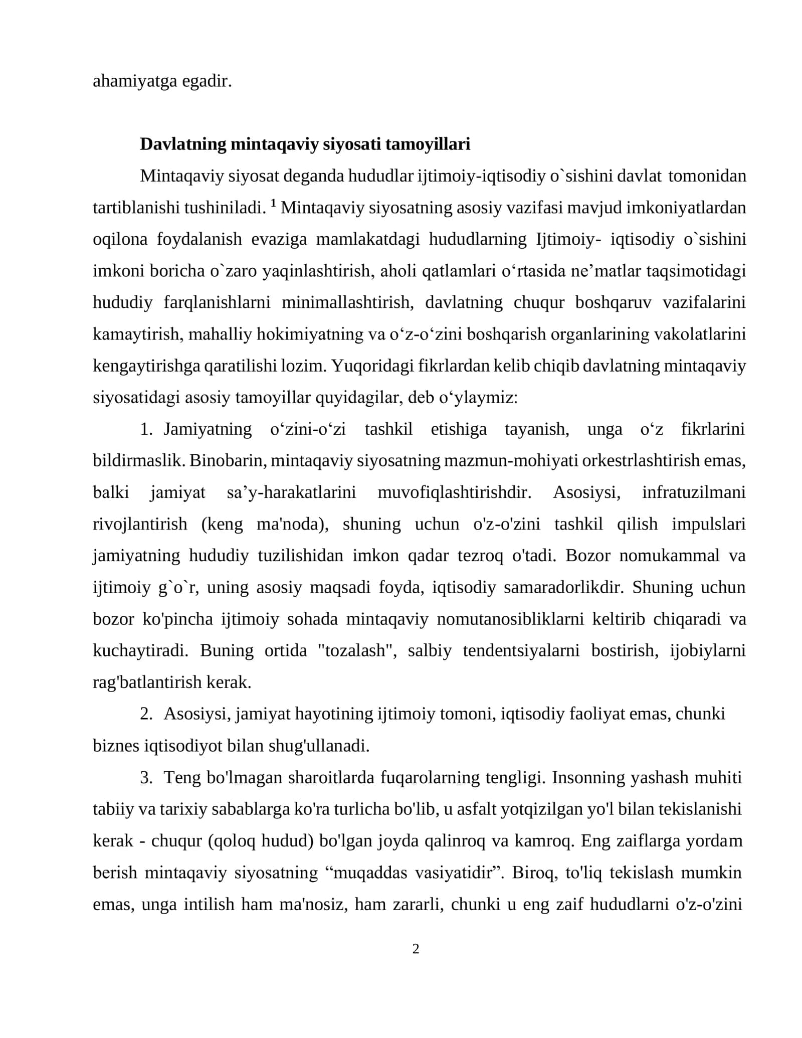Davlatning mintaqaviy iqtisodiy siyosati va hududiy rivojlantirish istiqbollari 2