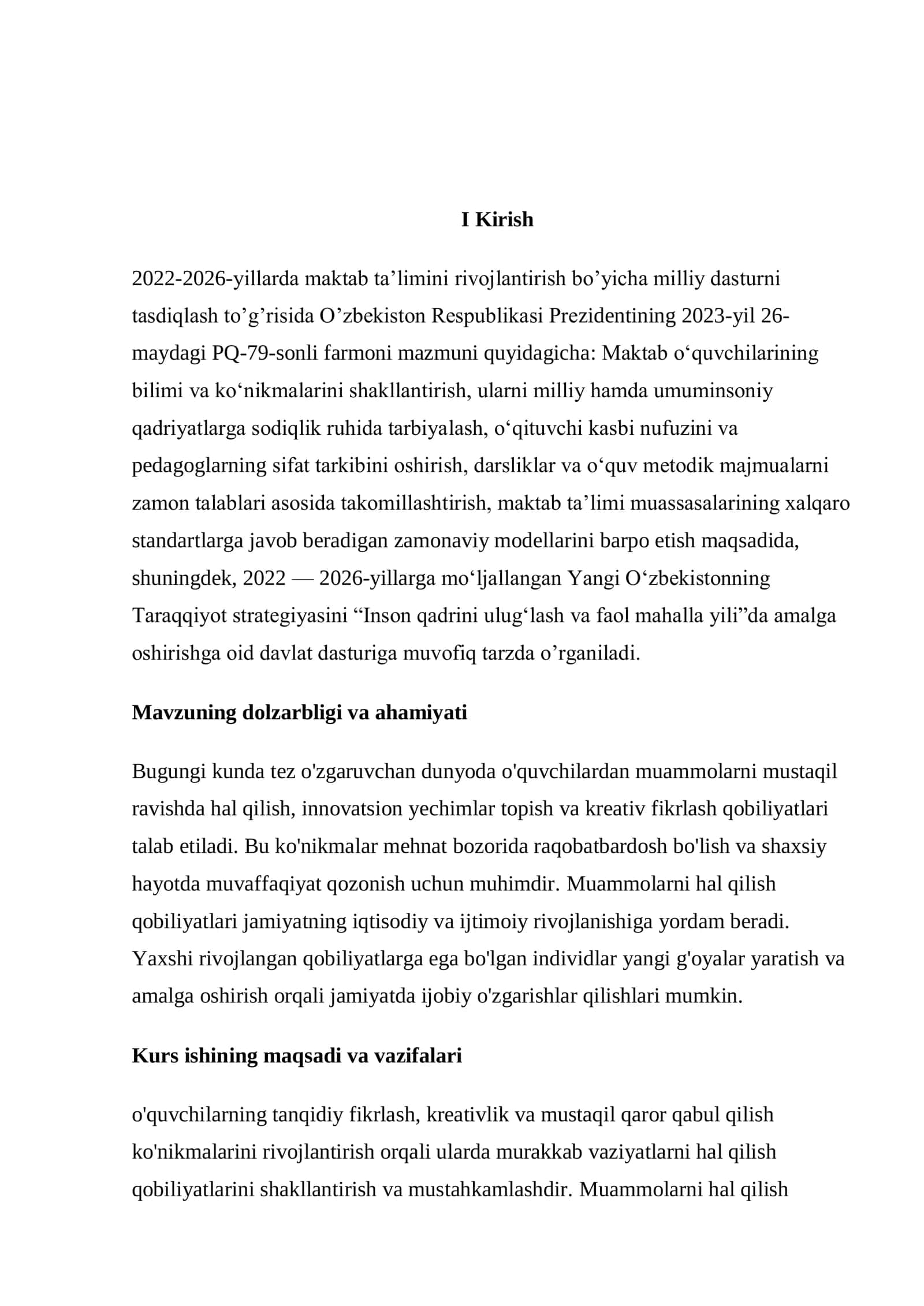 O’QUVCHILARNING MUAMMOLARNI HAL QILISH QOBILIYATLARINI RIVOJLANTIRISH mavzusida kurs ishi 2