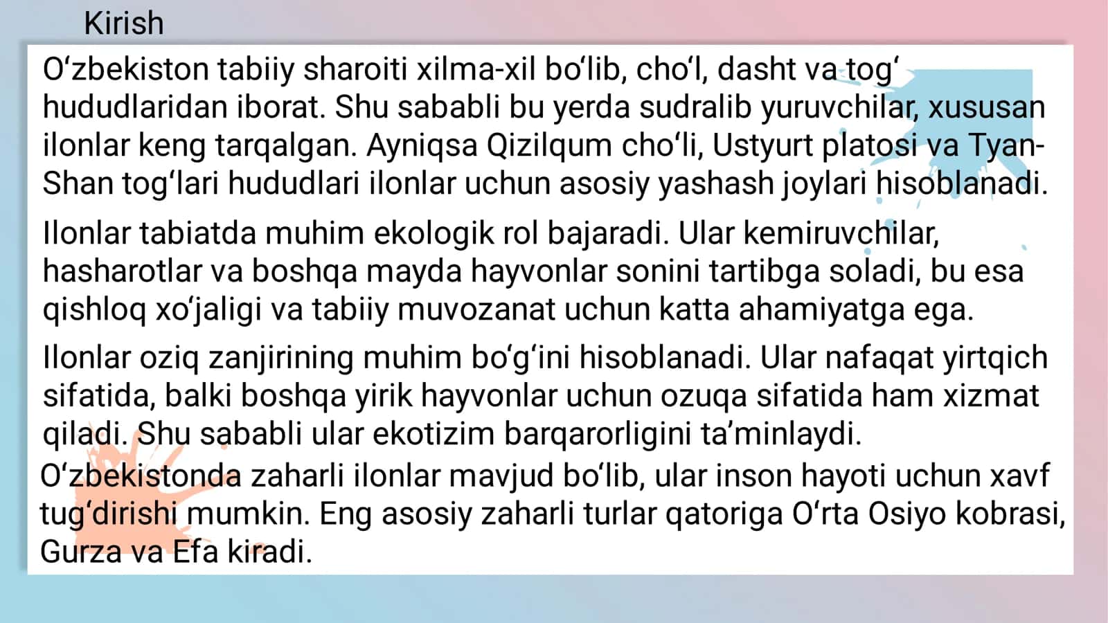 Oʻzbekistonda uchraydigan zaharli ilonlar va ularning zaharining xususiyatlari 2