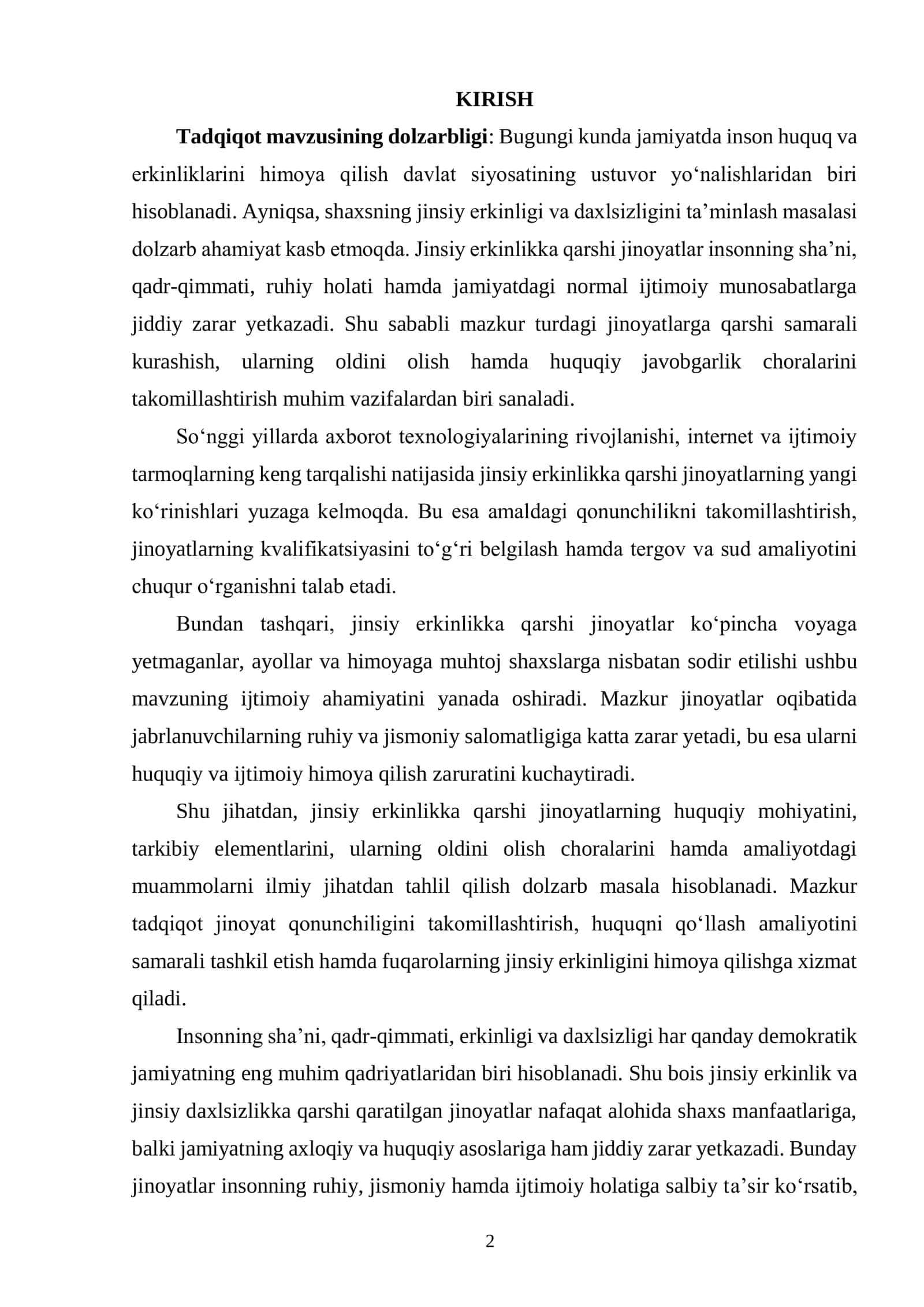 Jinsiy erkinlikka qarshi jinoyatlar kurs ishi 2