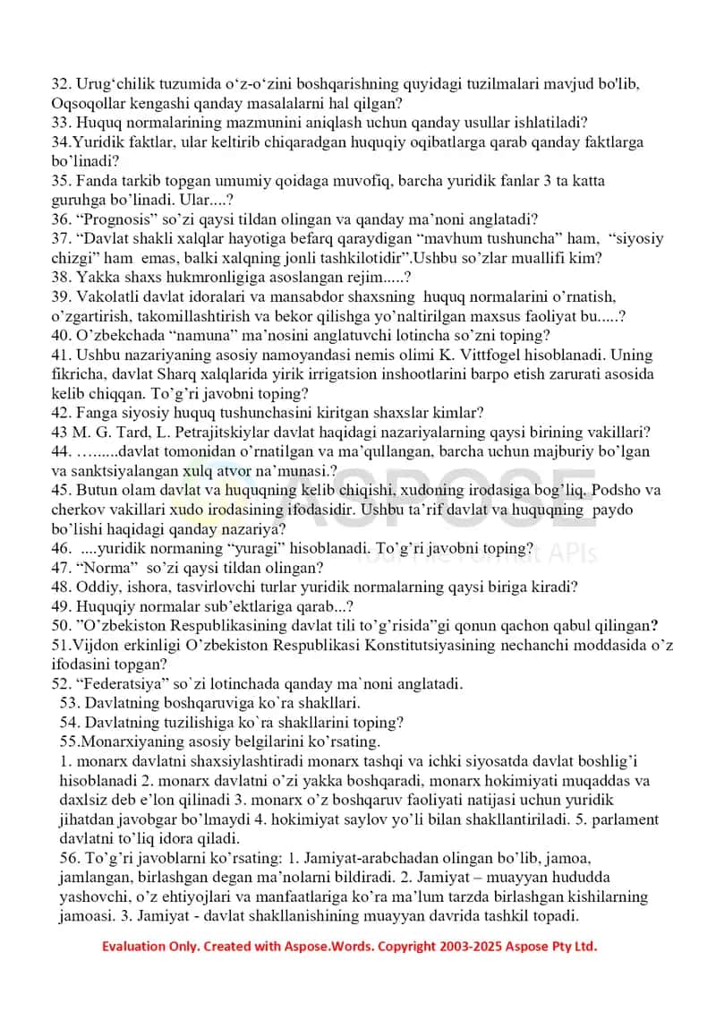 Davlat va huquq nazariyasi amaliy savollar to‘plami 2