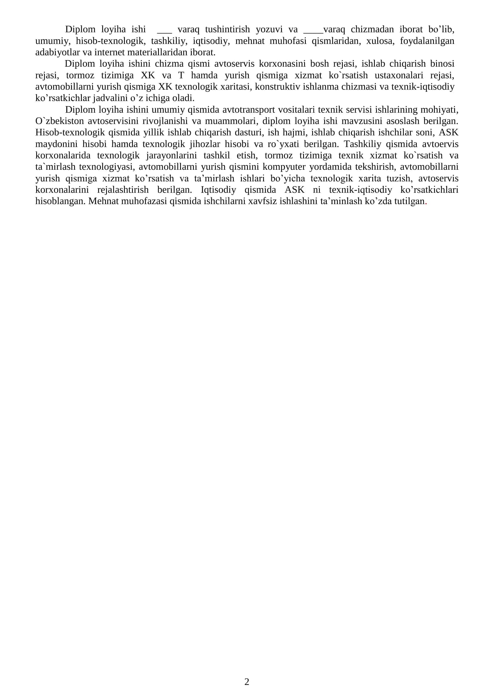 Uychi shaharchasida 3 postli avtoservis korxonasini loyihalash mavzusidagi diplom loyiha ishi 2