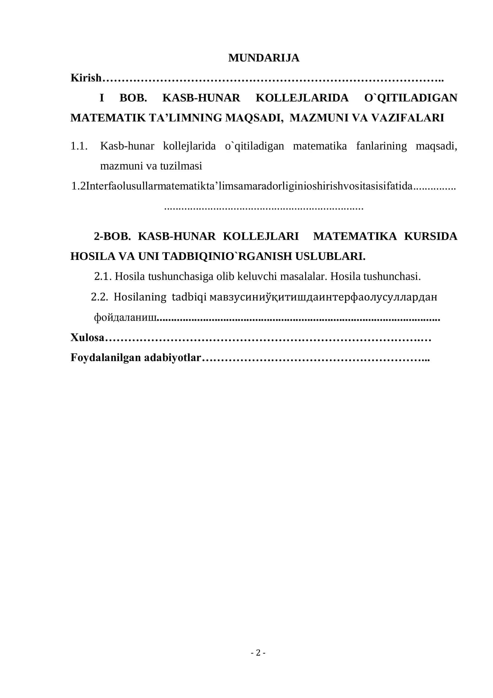 MAT 5110100 - "HOSILA VA UNING TADBIQI" MAVZUSNI O‘RGANISHDA/INTERFAOL USULLARDAN FOYDALANISH 2