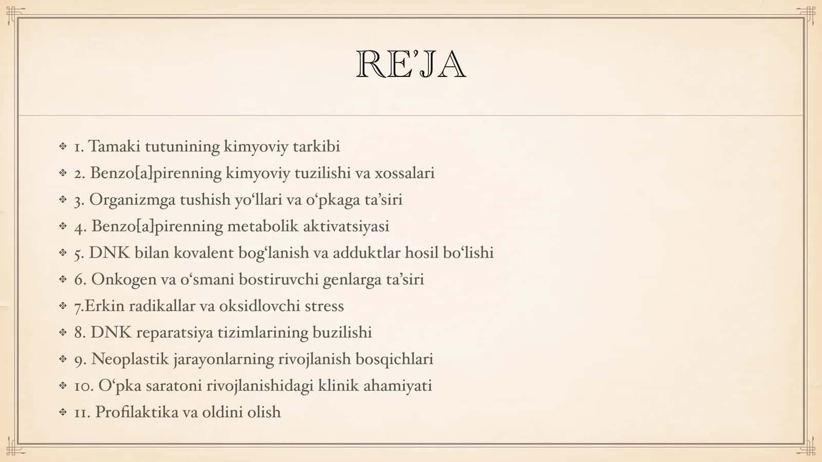 Tamakidagi benz(a)pirenni o‘pkada neoplastik jarayonlar rivojlanishidagi ahamiyati. 2