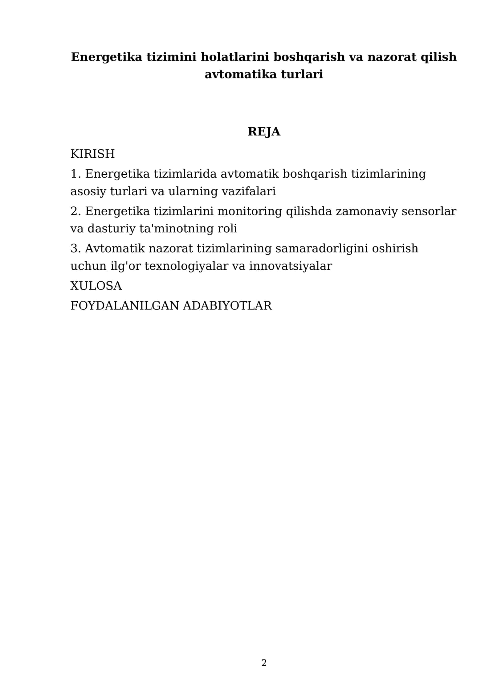 Energetika tizimini holatlarini boshqarish va nazorat qilish avtomatika turlari 2
