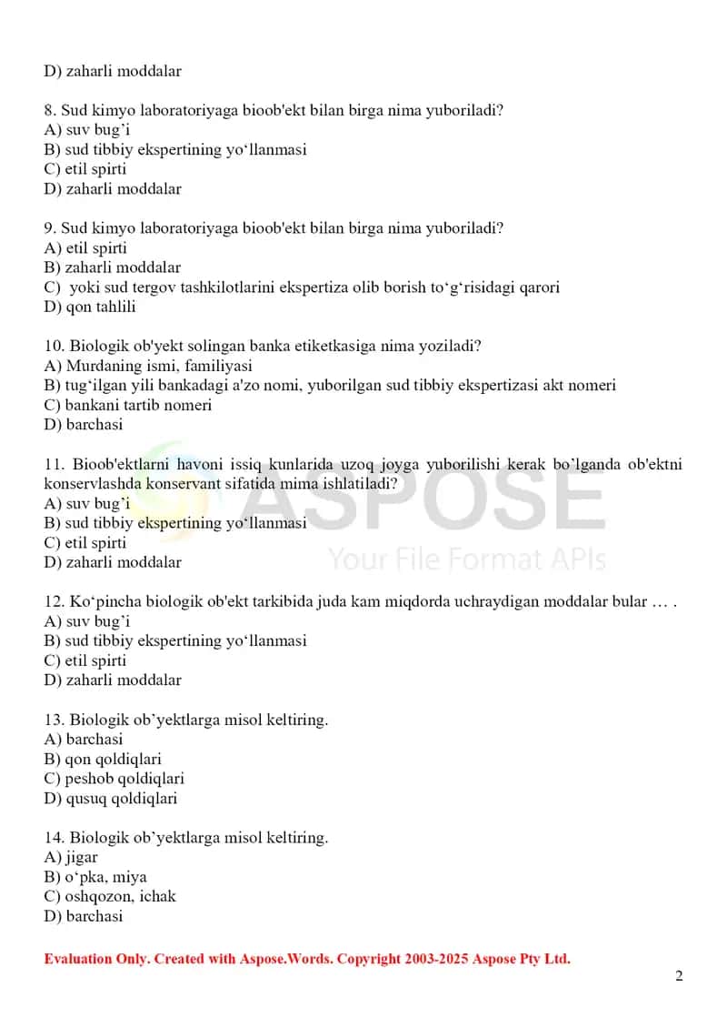 3. Toksikologik kimyo tahlil obyektlarining tasnifi va tavsifi. Test, 15 ta. 2