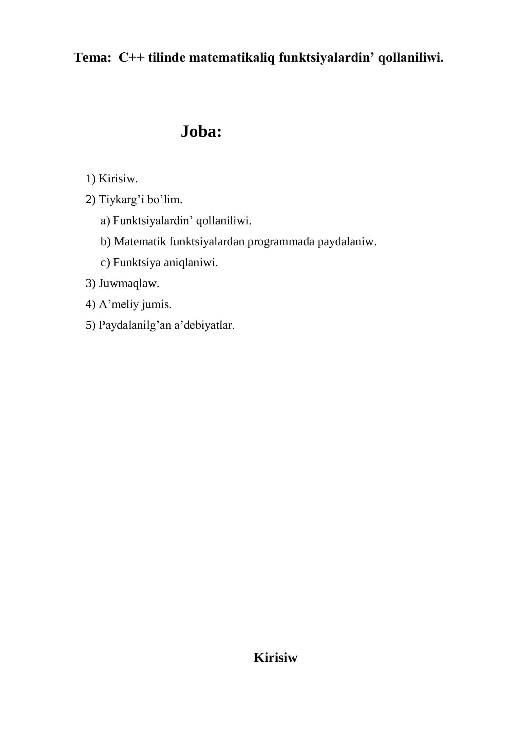 C++ tilinde matematikaliq funktsiyalardin’ qollaniliwi 2