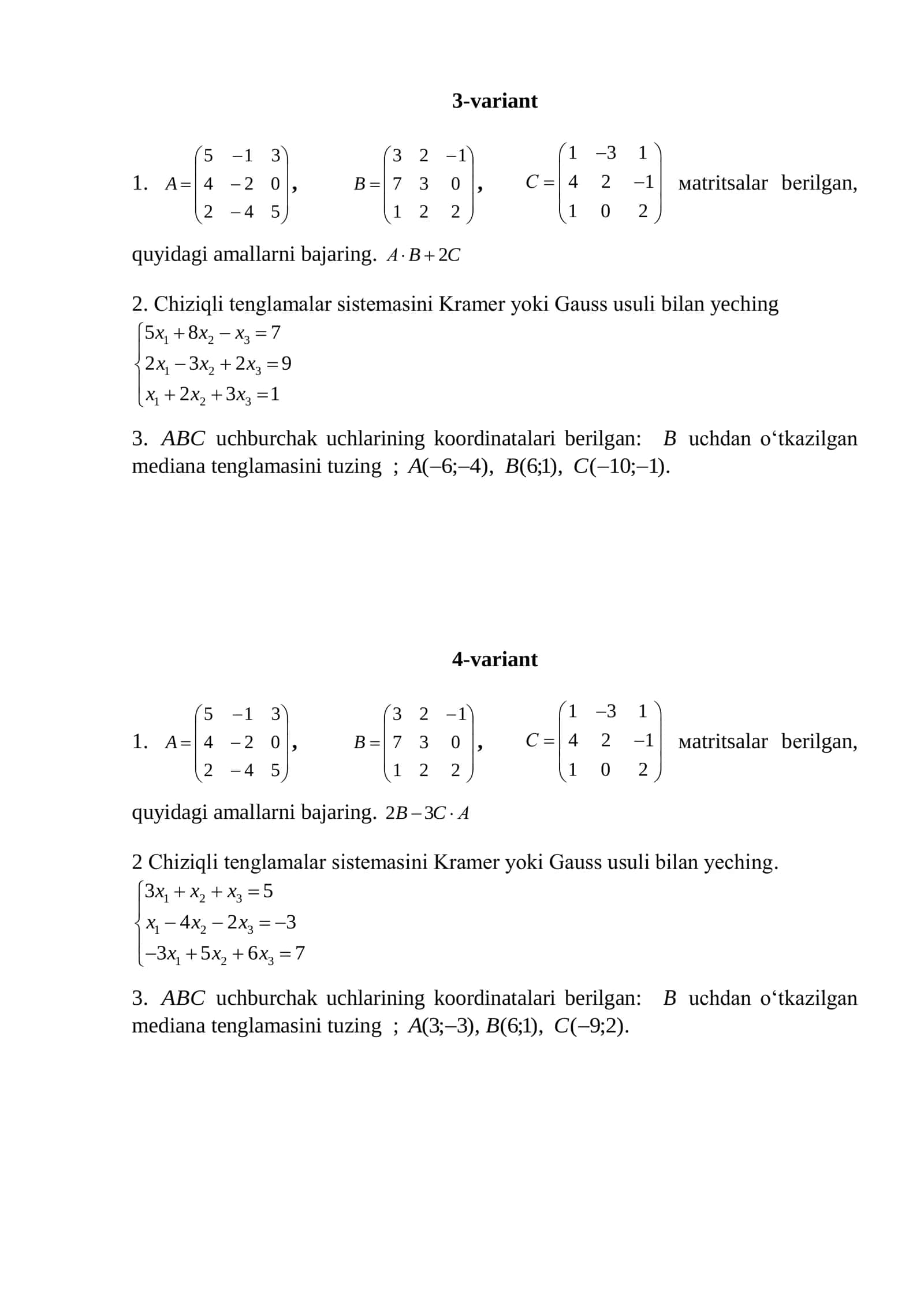 Amaliy matematika1,2 fanidan oraliq nazorat ishi topshiriq variantlari 2