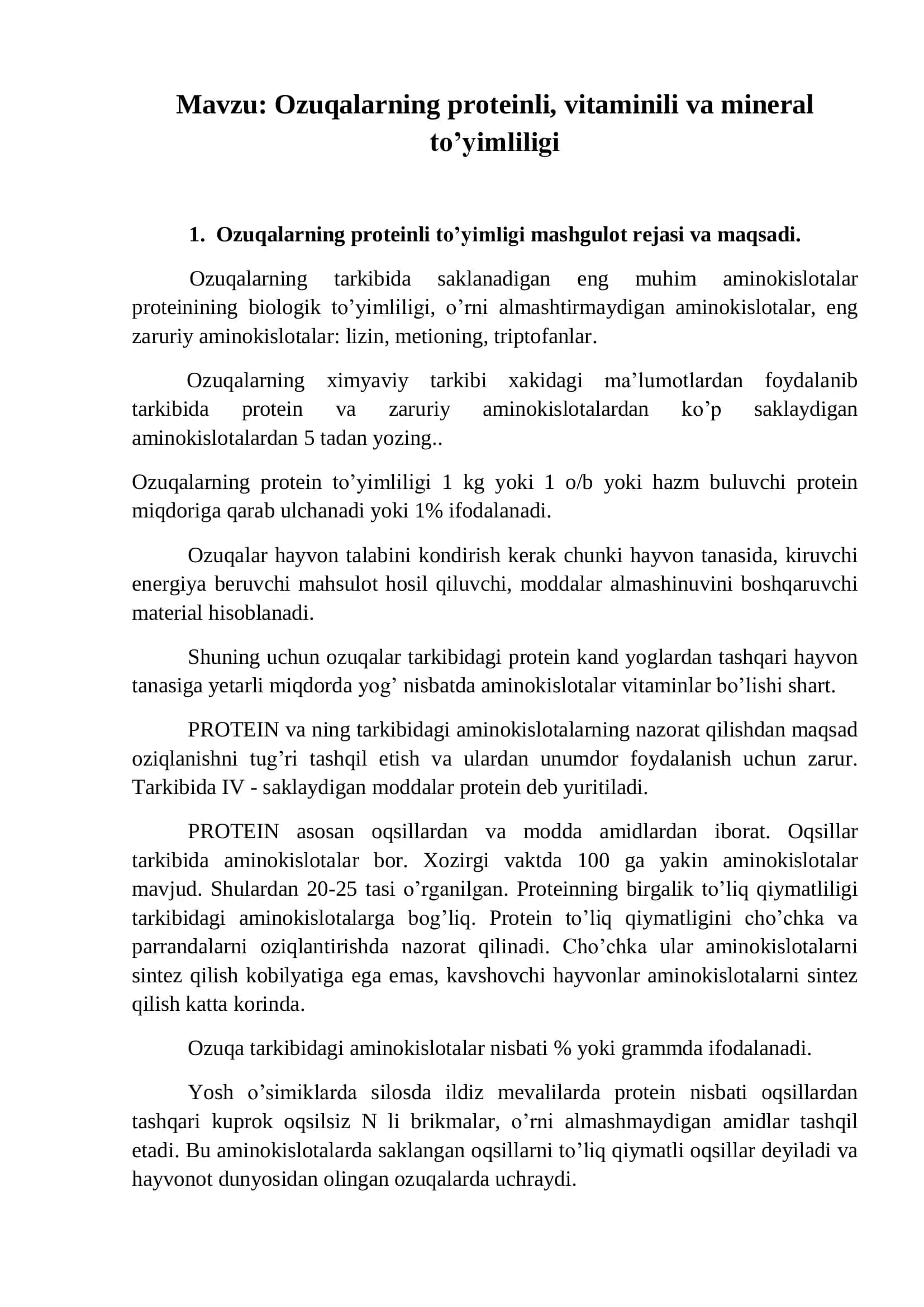 Ozuqalarning proteinli, vitaminili va mineral to’yimliligi 2