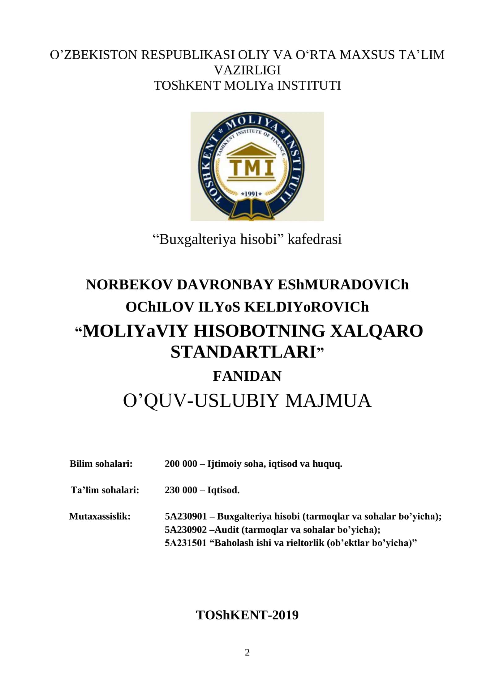 “MOLIYaVIY HISOBOTNING XALQARO STANDARTLARI” FANIDAN O’QUV-USLUBIY MAJMUA 2