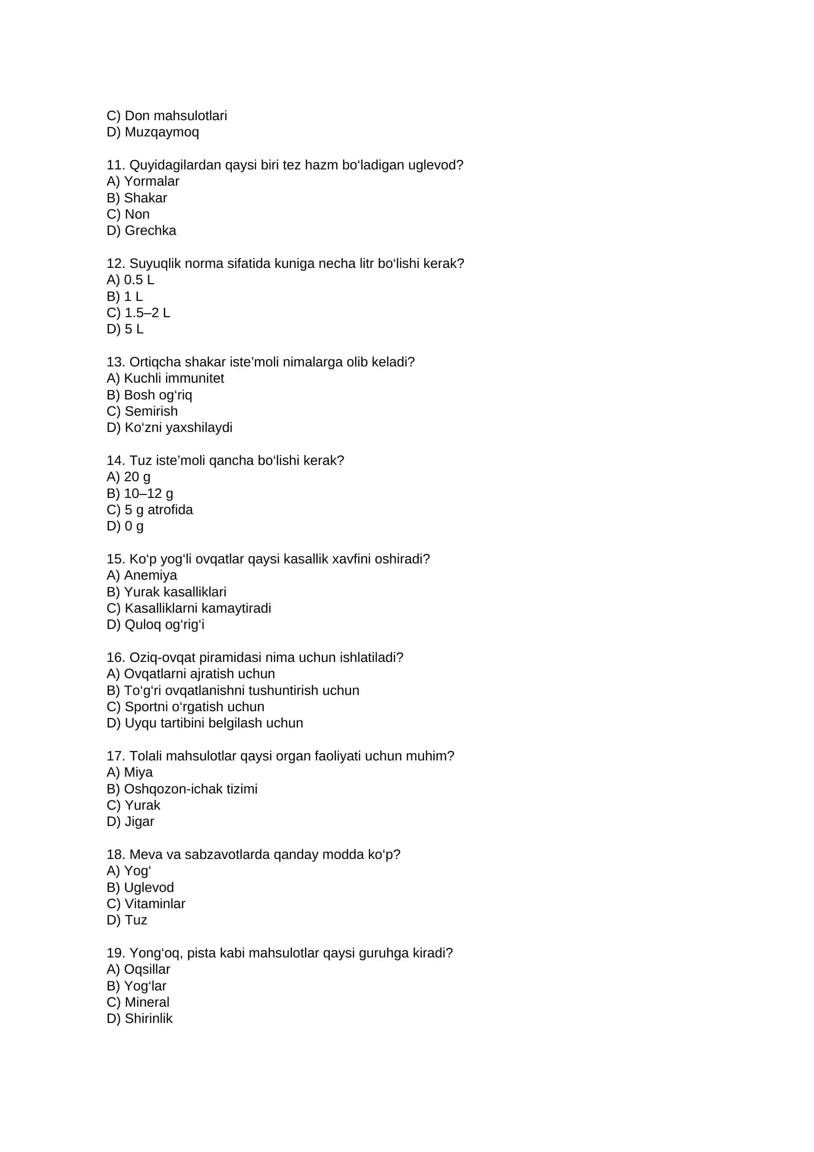 Ovqatlanishga doir savollar 2