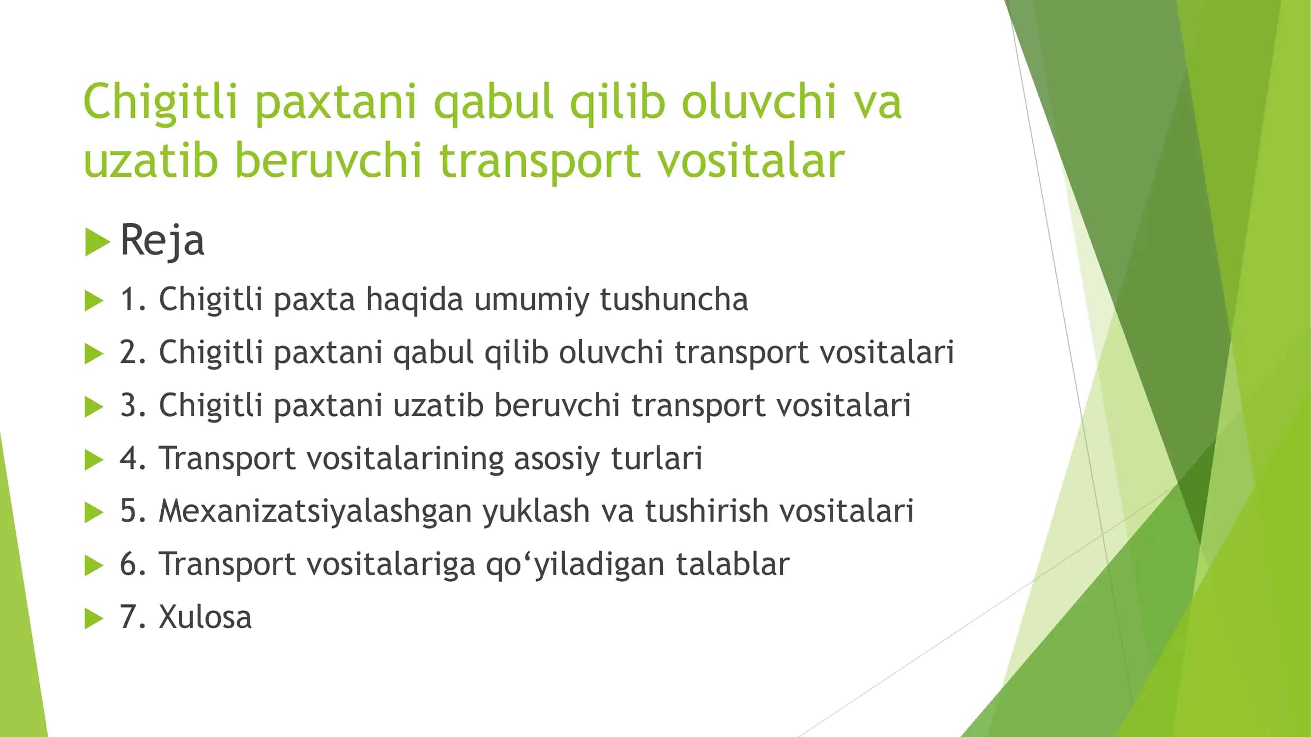 Chigitli paxtani qabul qilib oluvchi va uzatib beruvchi transport vositalari 2