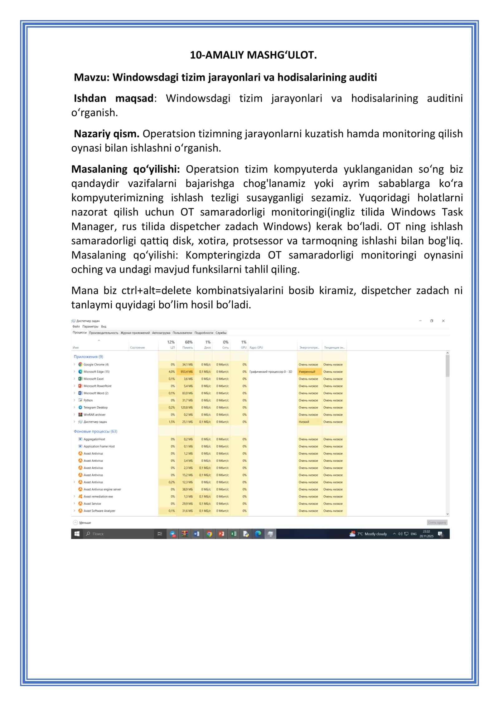 3-Amaliy ish "Windowsdagi tizim jarayonlari va hodisalarining auditi" 2