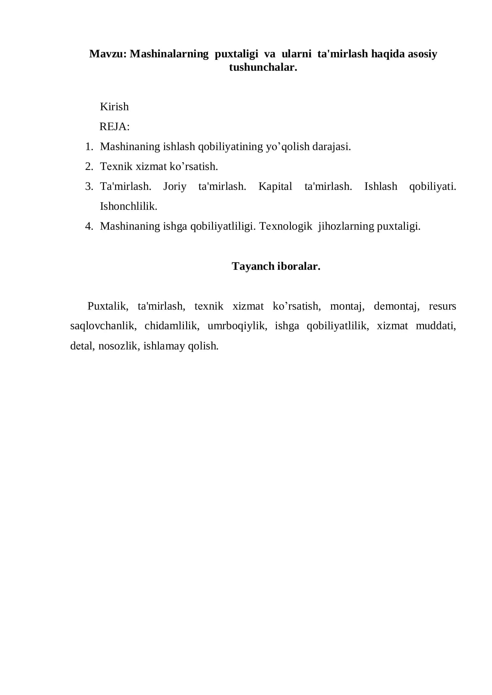 Mashinalarning puxtaligi va ularni ta'mirlash haqida asosiy tushunchalar 2