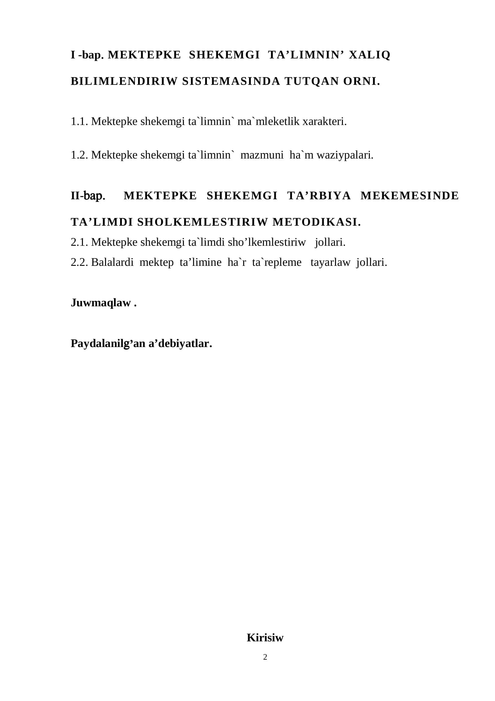 MEKTEPKE SHEKEMGI TA’LIMNIN’ XALIQ BILIMLENDIRIW SISTEMASINDA TUTQAN ORNI 2
