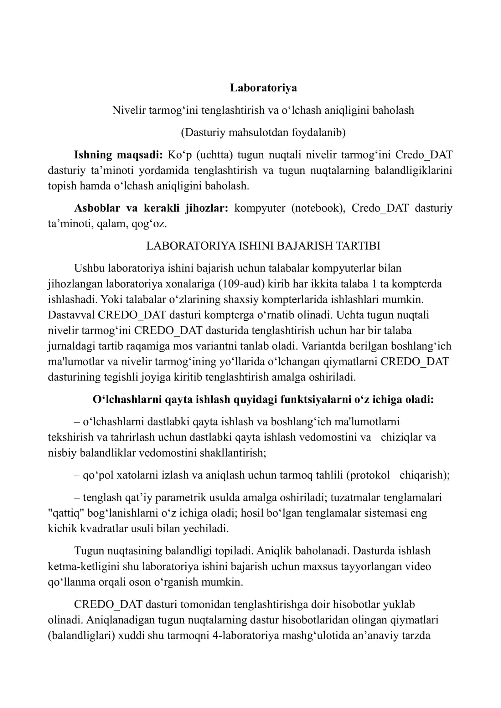 Nivelir tarmog‘ini tenglashtirish va o‘lchash aniqligini baholash 2