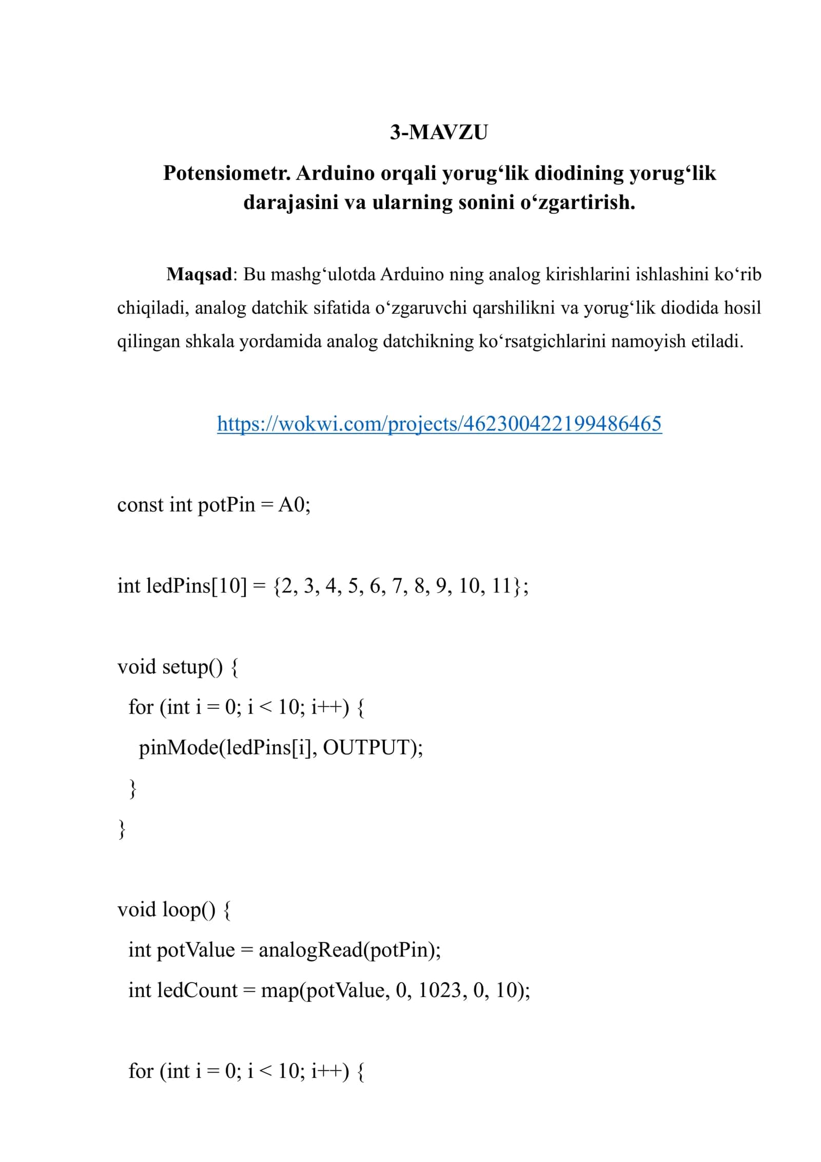 Potensiometr. Arduino orqali yorug‘lik diodining yorug‘lik darajasini va ularning sonini o‘zgartirish 2