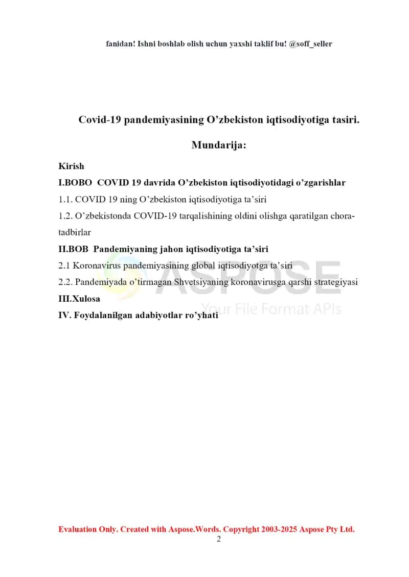Covid-19 pandemiyasining O’zbekiston iqtisodiyotiga ta’siri (kurs ishi) 2