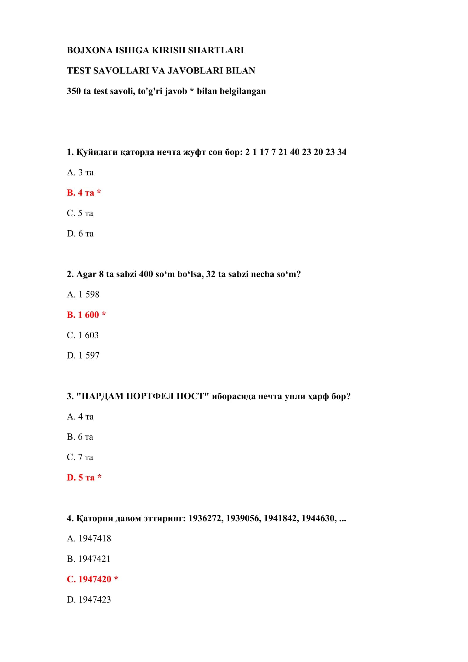 TEST SAVOLLARI VA JAVOBLARI BILAN 2
