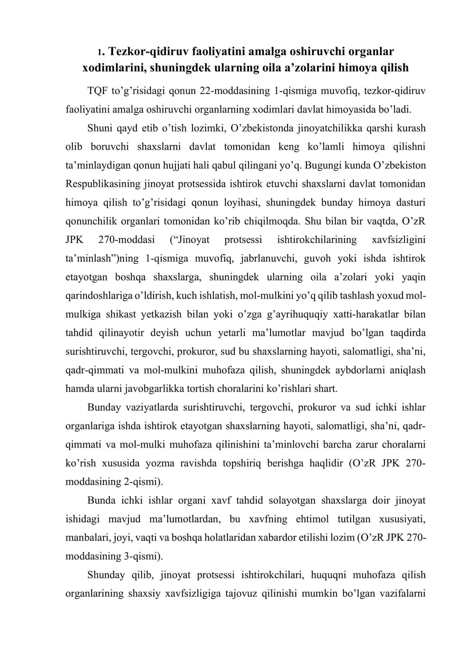 Tezkor-qidiruv faoliyati xodimlari va ularning oila a’zolarining, shuningdek tqfni amalga oshirishga ko’maklashgan shaxslarni ijtimoiy-huquqiy himoyasi 2