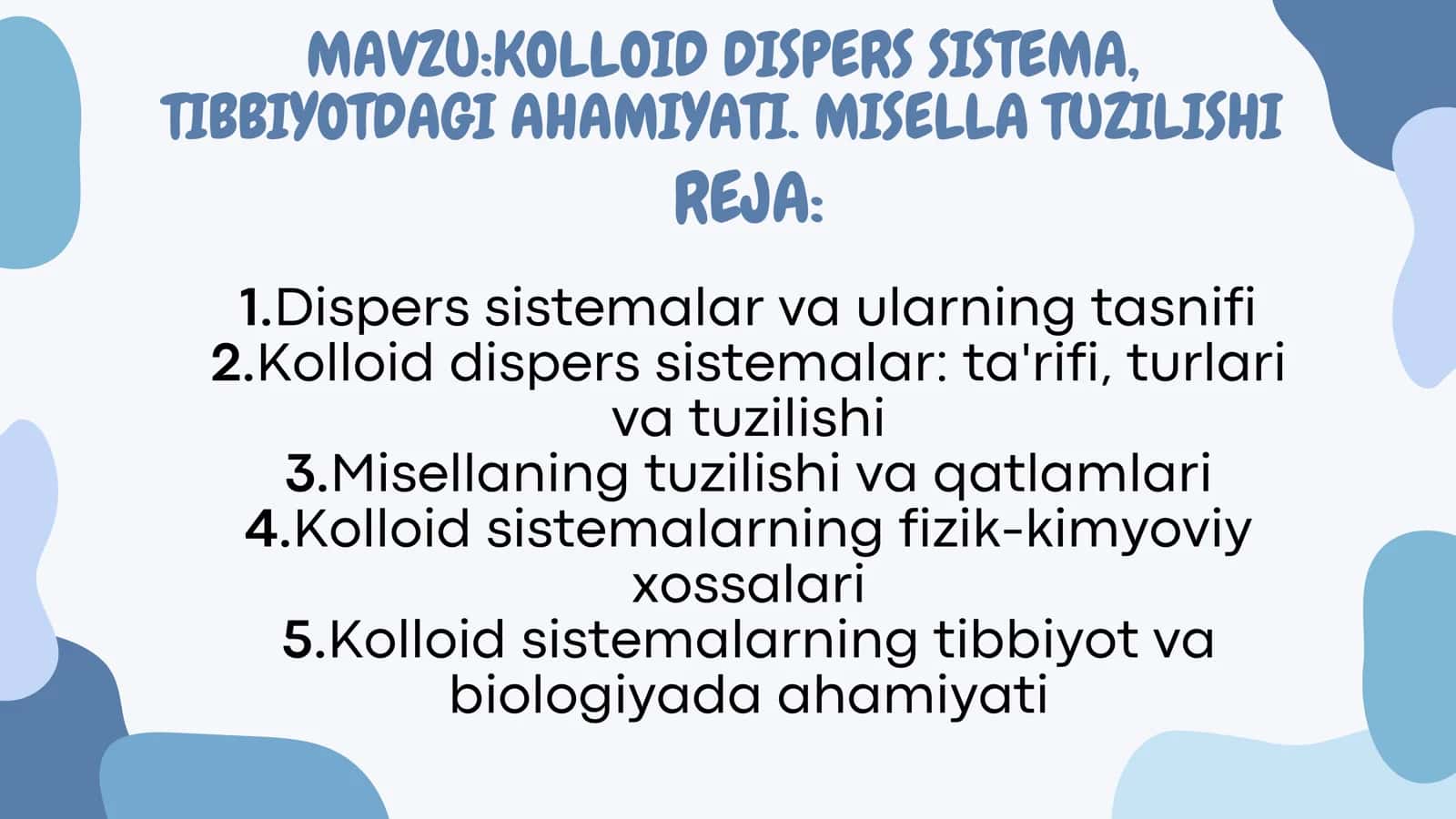 KOLLOID DISPERS SISTEMA, TIBBIYOTDAGI AHAMIYATI. MISELLA TUZILISHI 2
