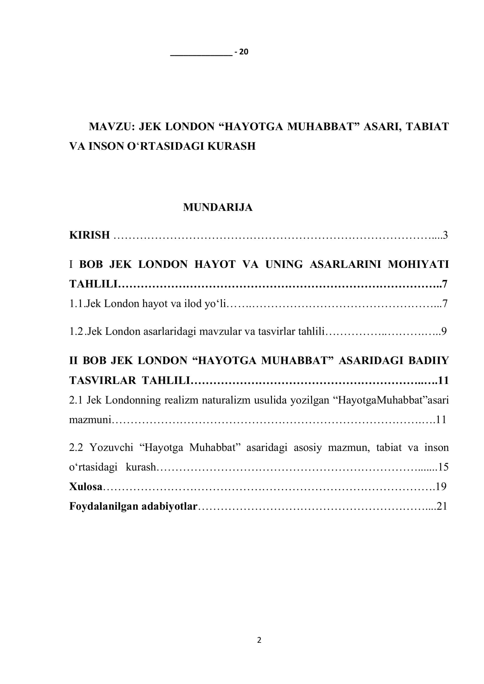MAVZUJEK LONDON “HAYOTGA MUHABBAT” ASARI, TABIAT VA INSON O‘RTASIDAGI KURASH 2