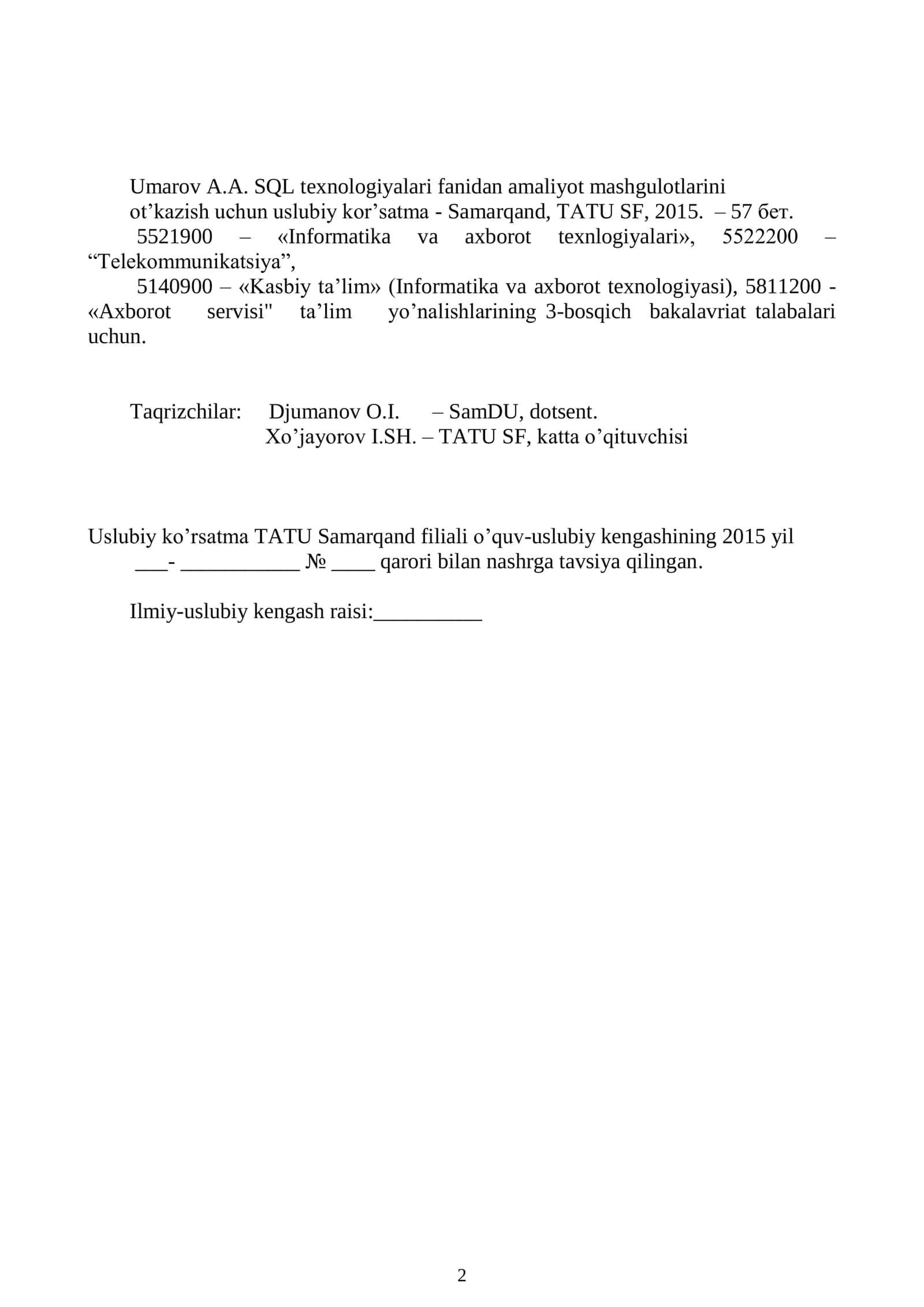 SQL texnologiyalari fanidan amaliyot mashgulotlarini ot’kazish uchun uslubiy kor’satma 2
