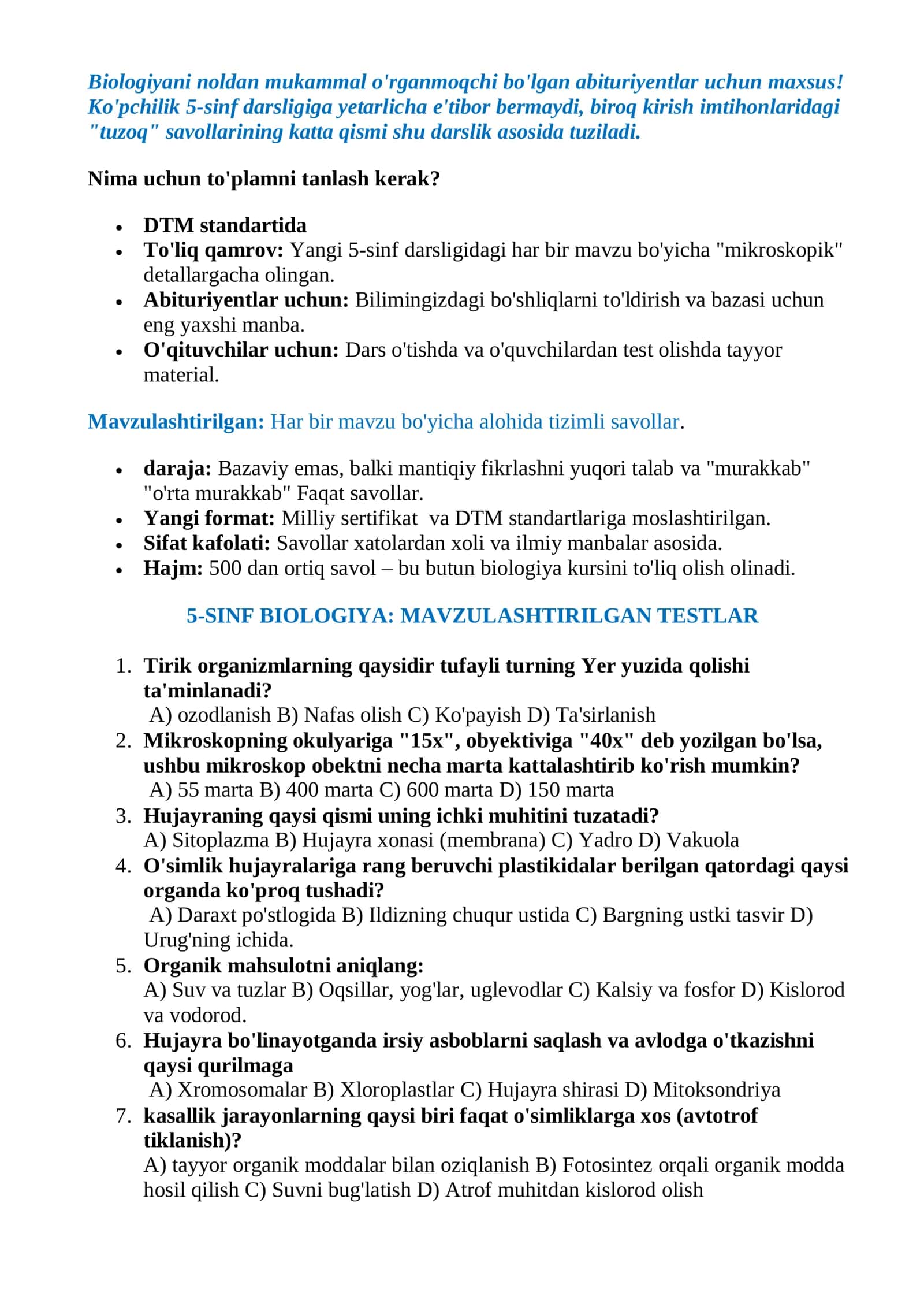 5-SINF BIOLOGIYA  FANIDAN MAVZULASHTIRILGAN TESTLAR 500+ 2026 YIL 2