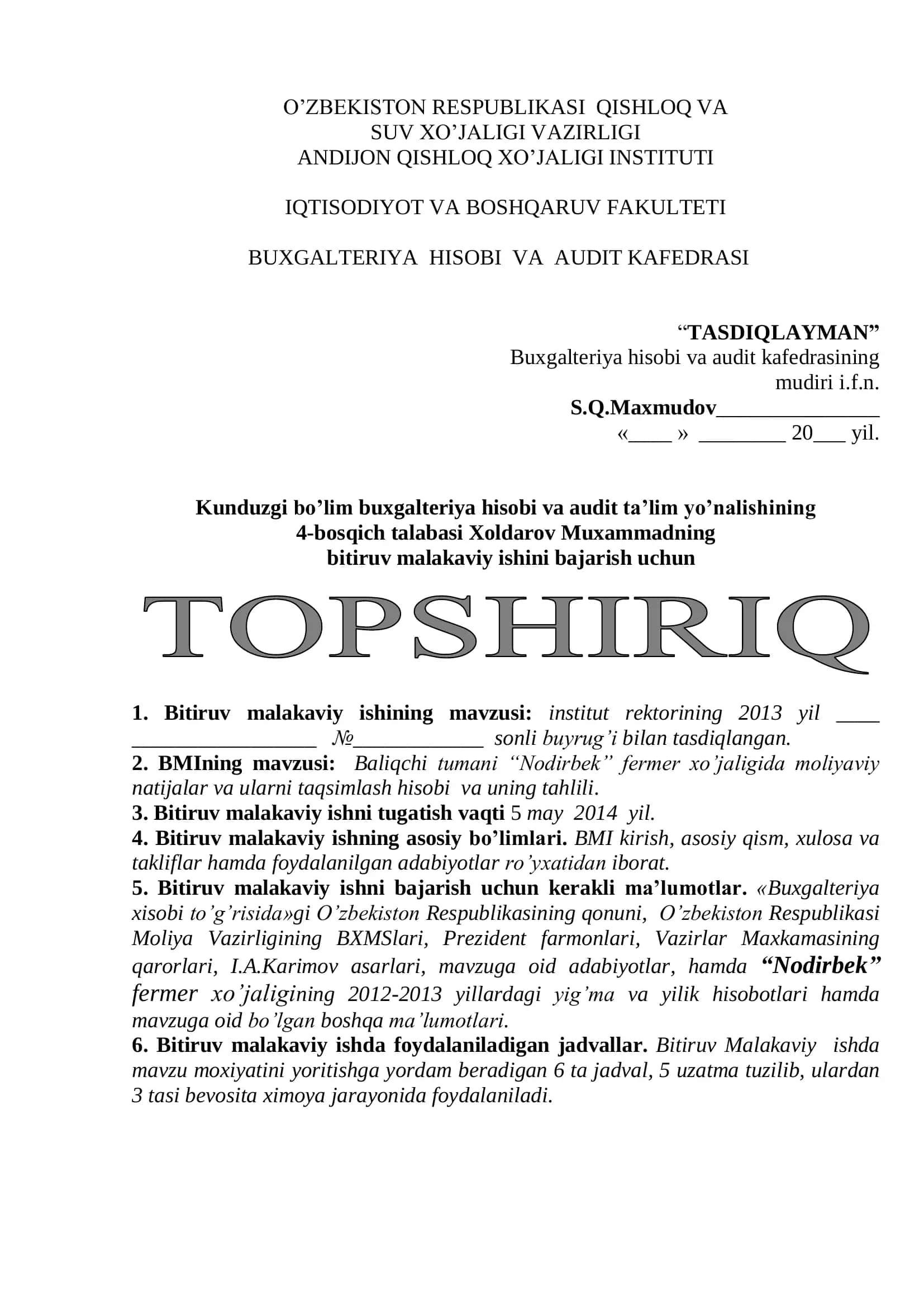 Baliqchi tumani “Nodirbek” fermer xo’jaligida moliyaviy natijalar va ularni taqsimlash hisobi va uning tahlili 2