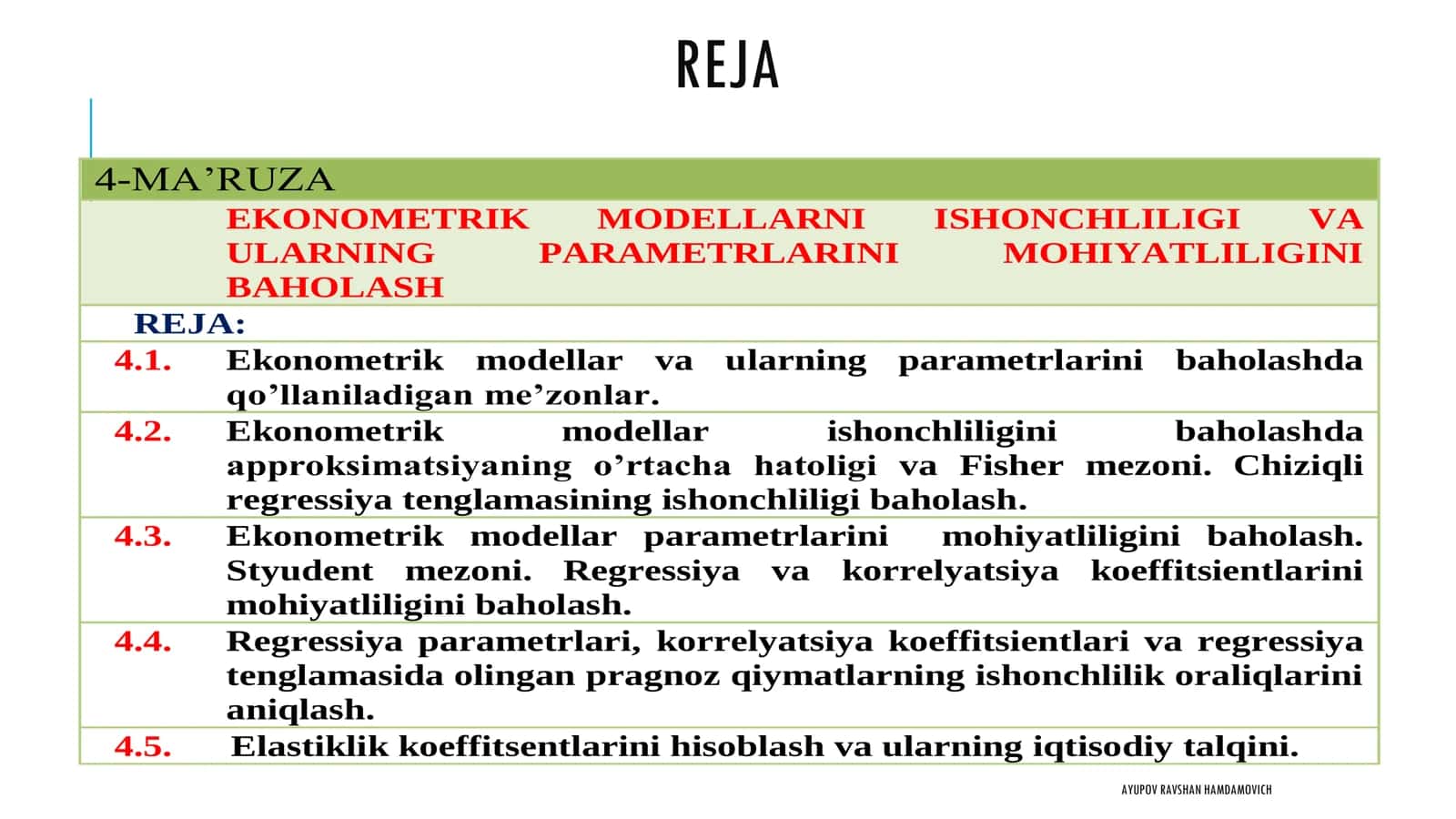 EKONOMETRIK MODELLARNI ISHONCHLILIGI VA ULARNING PARAMETRLARINI MOHIYATLILIGINI BAHOLASH 2