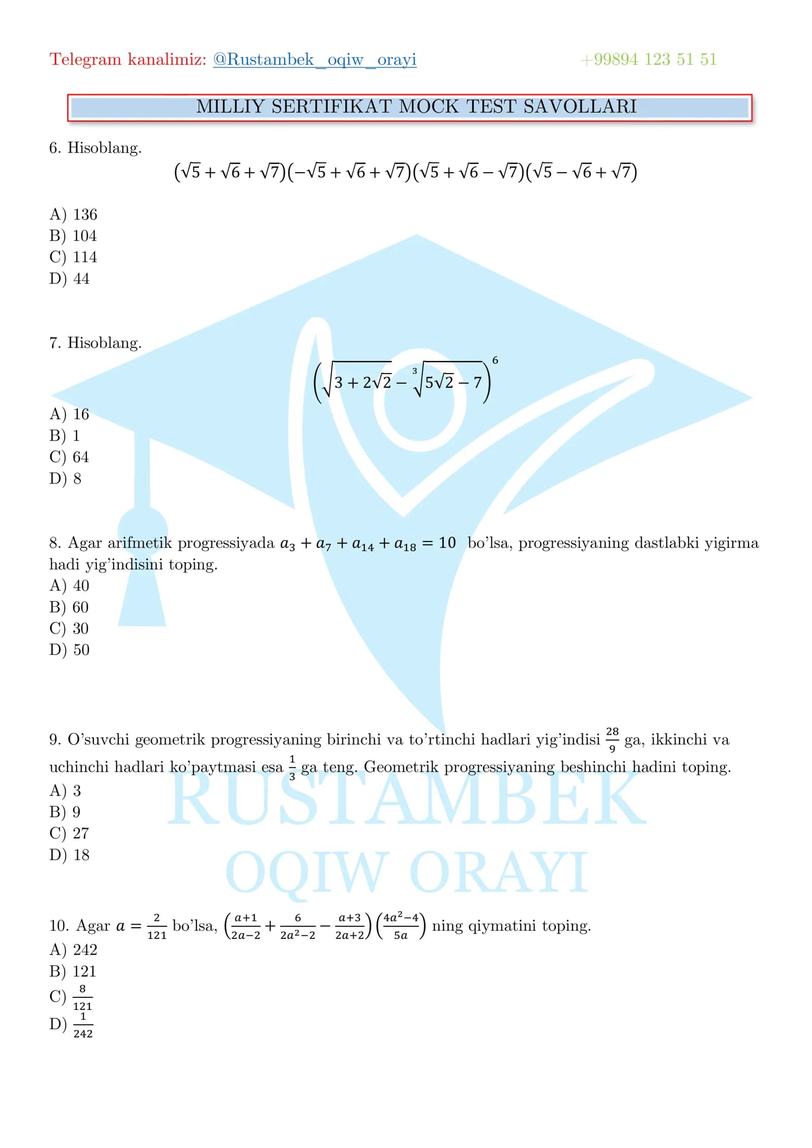MILLIY SERTIFIKAT MOCK TEST SAVOLLARI 2