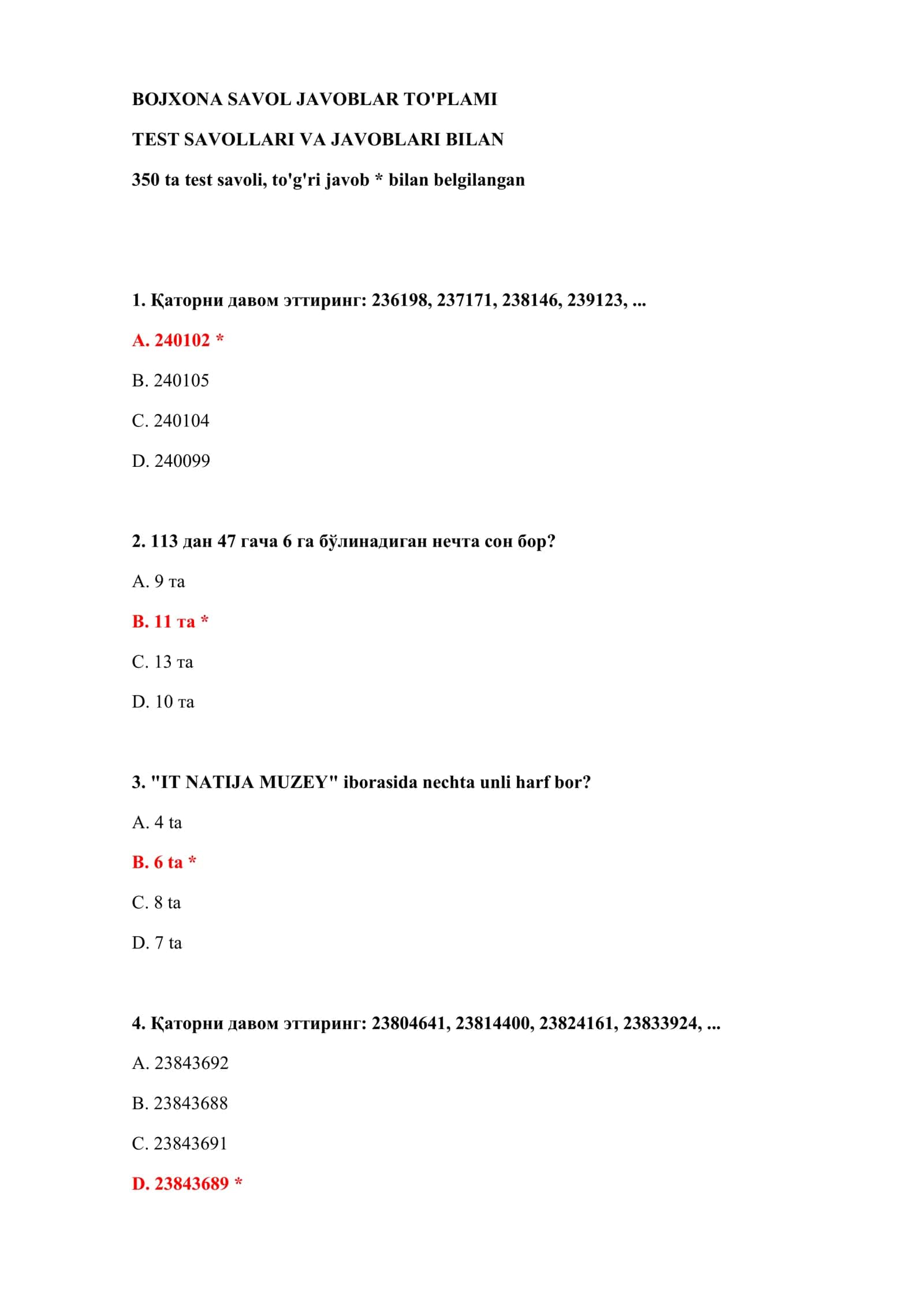 BOJXONA SAVOL JAVOBLAR TO'PLAMI 2